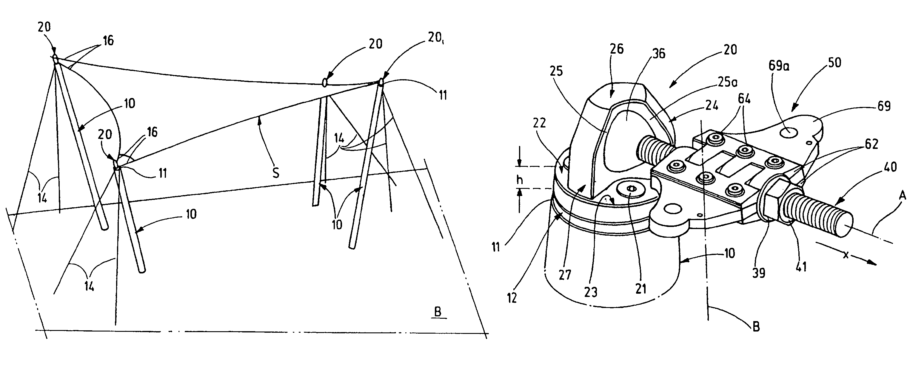 Load-absorbent device for introducing load forces such as cable forces or tensioning forces of sheet-like structures