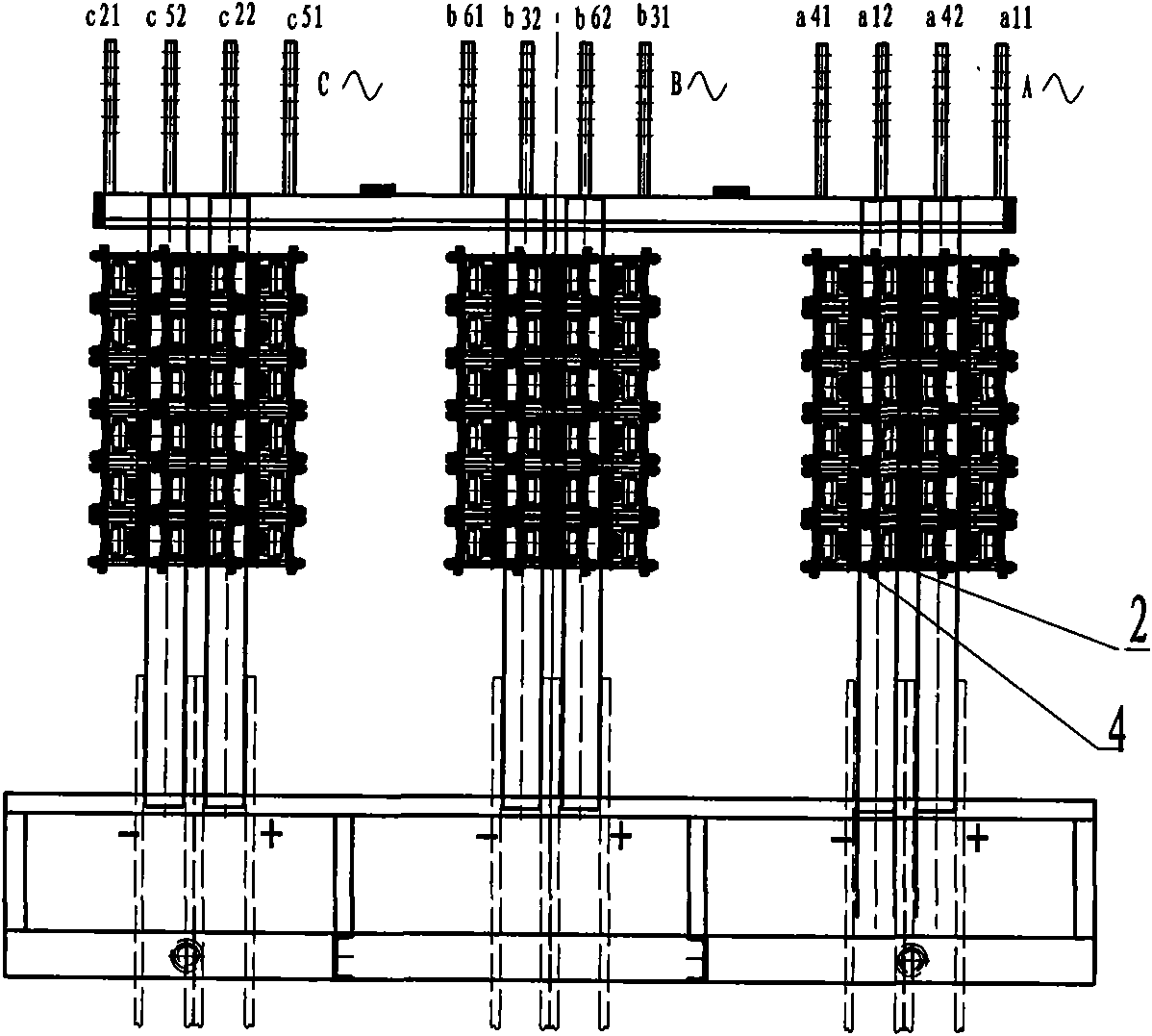Valve side linearly coupled double-bridge shaft-type pressed rectifying device