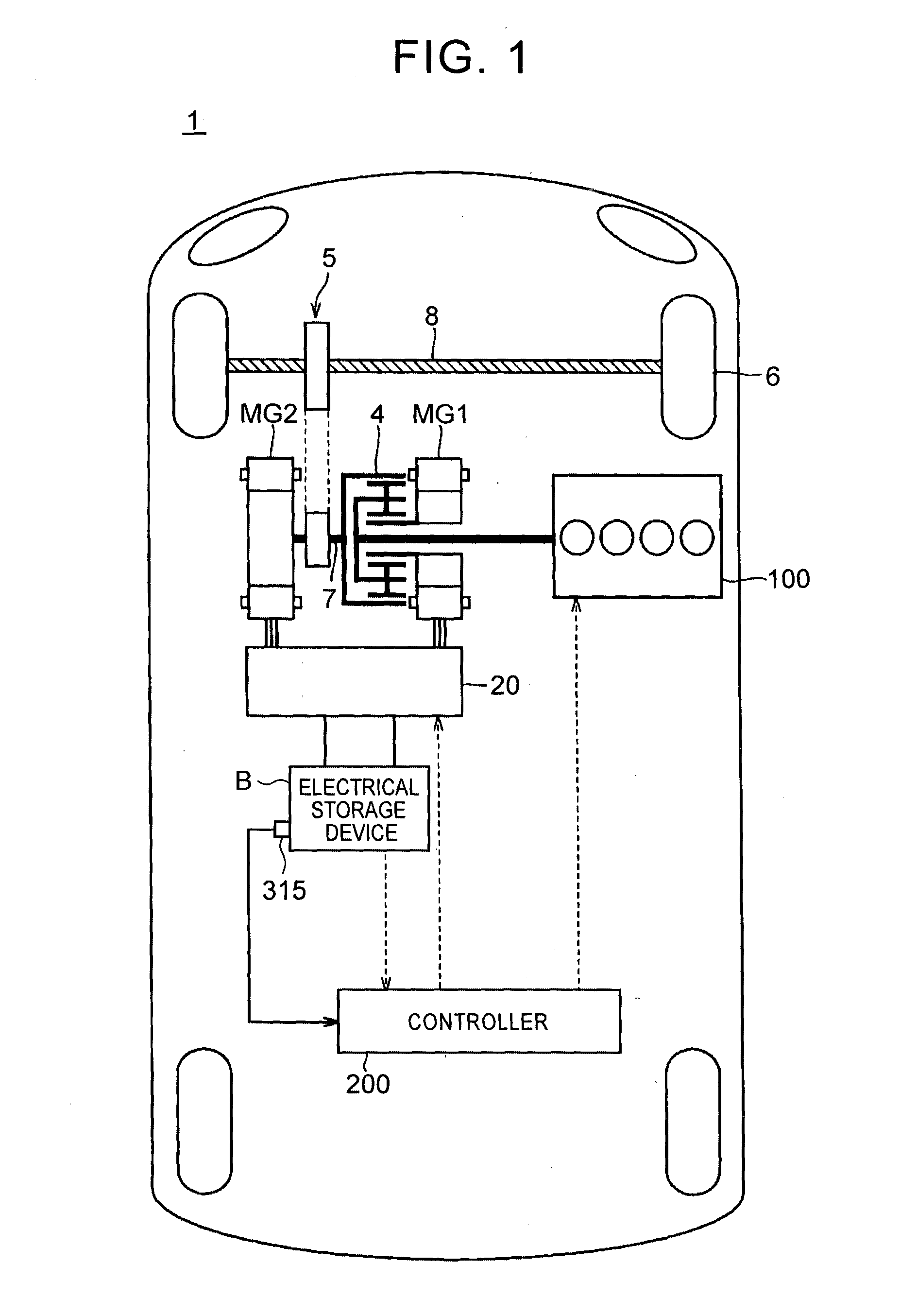 Hybrid vehicle, controller for hybrid vehicle, and control method for hybrid vehicle for reducing the compression ratio at start-up of the engine according a battery level