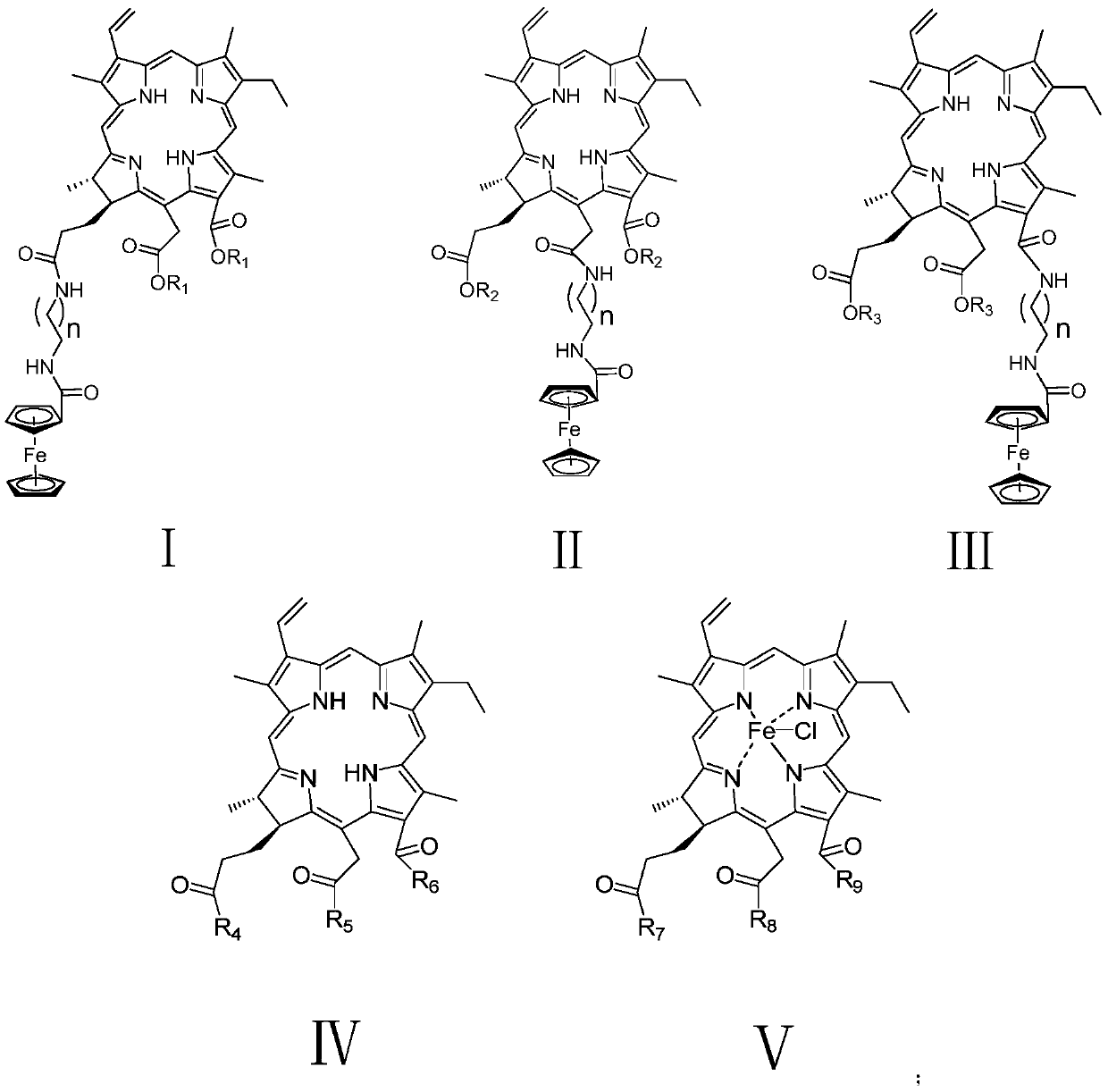 Chlorin e6 ferrocene conjugate with photo- and acoustic-sensitive activity as well as preparation method and application