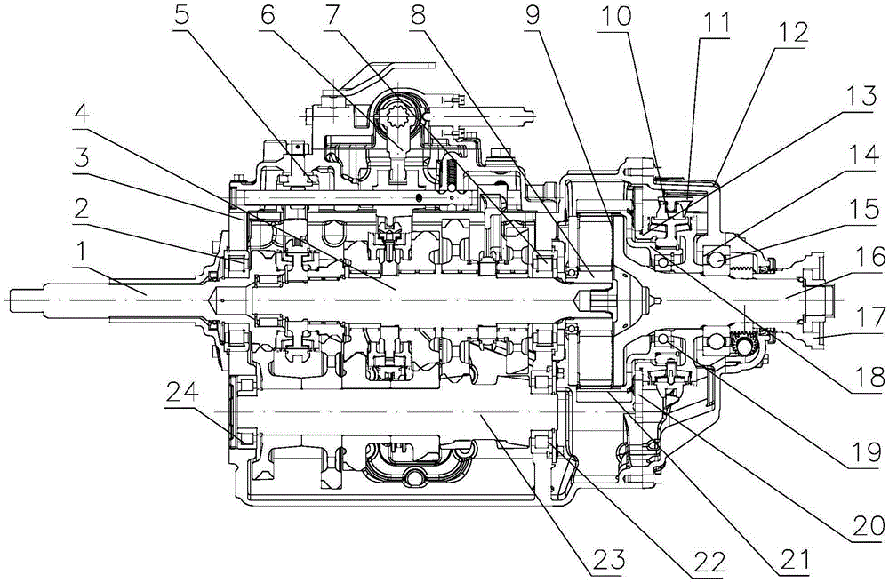 Medium-sized car transmission with main and auxiliary boxes