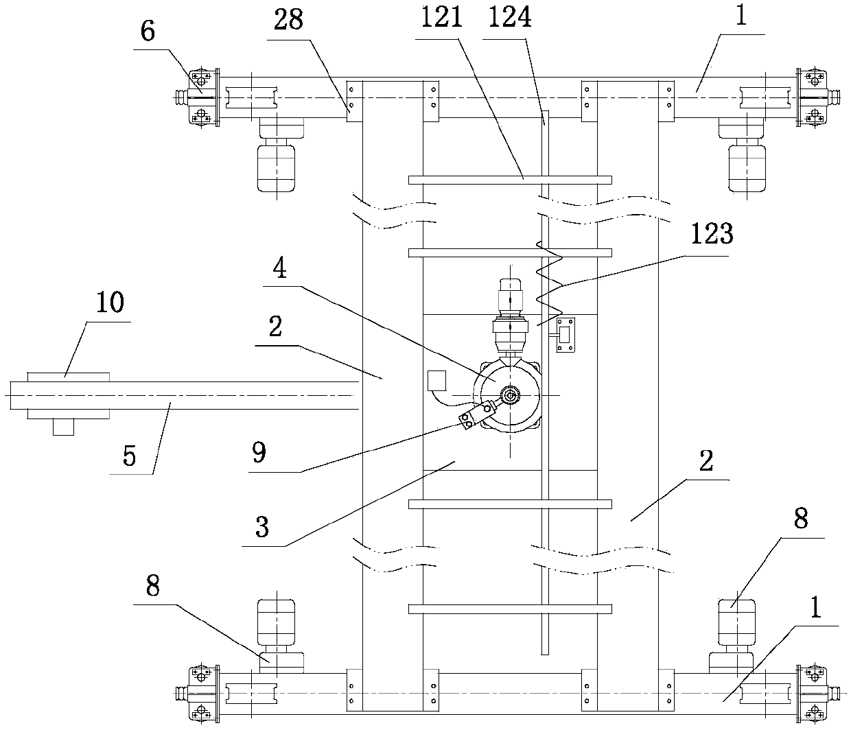 Crane with underslung trolley and movable bumper posts and capable of rotating at any angle