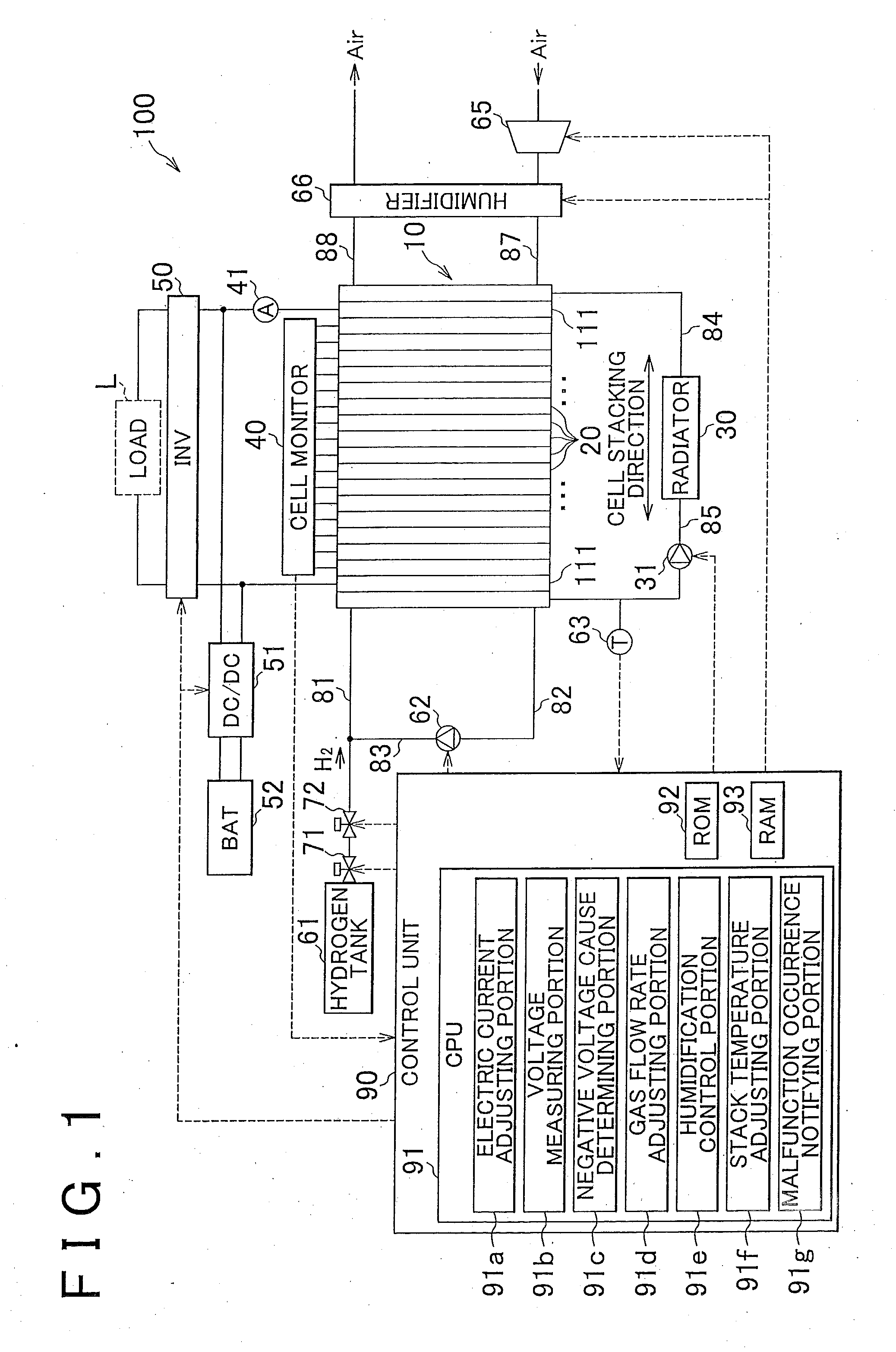 Fuel cell system, method and program of determining cause of negative voltage, and storage medium storing program