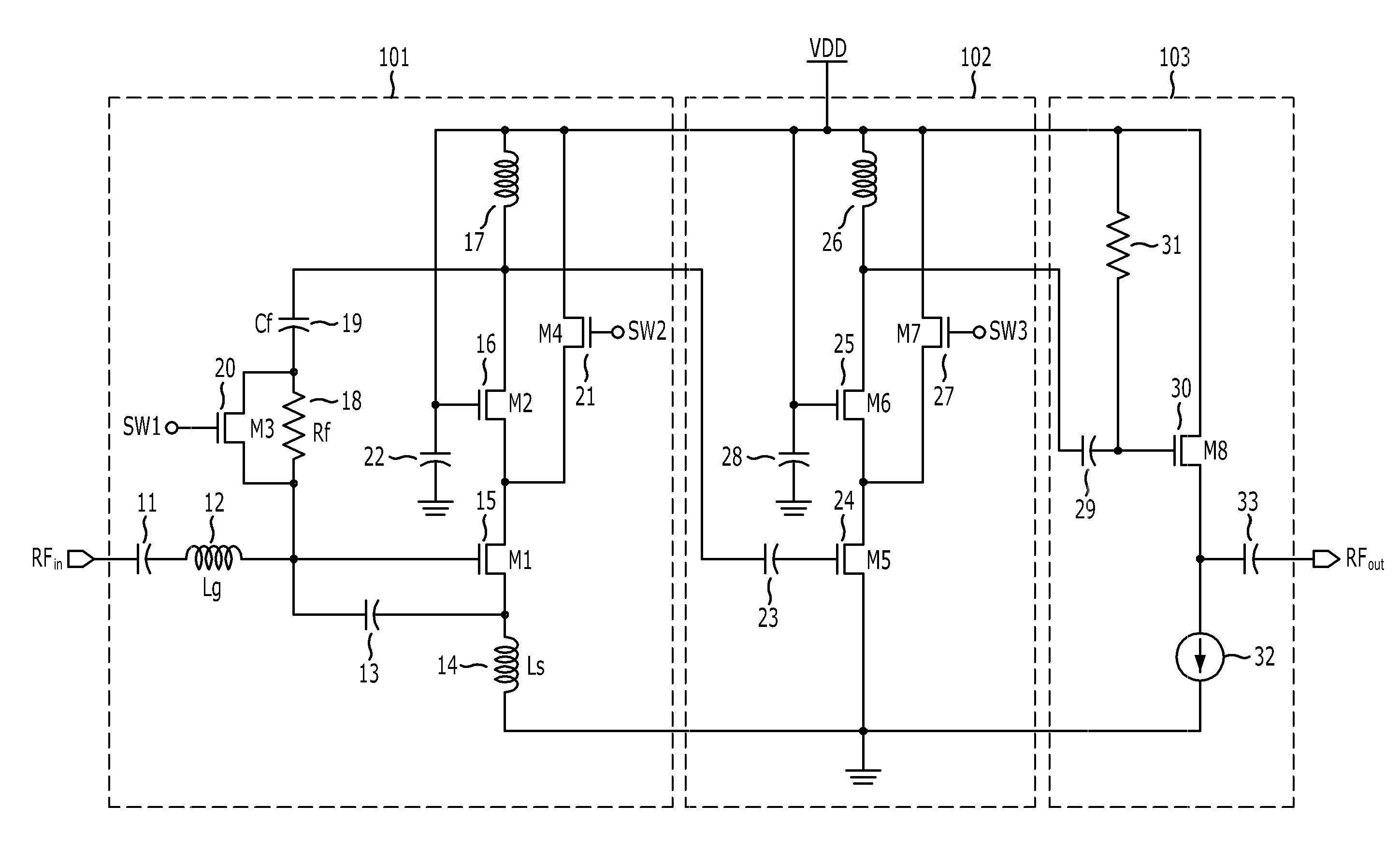 Controlled-gain wideband feedback low noise amplifier