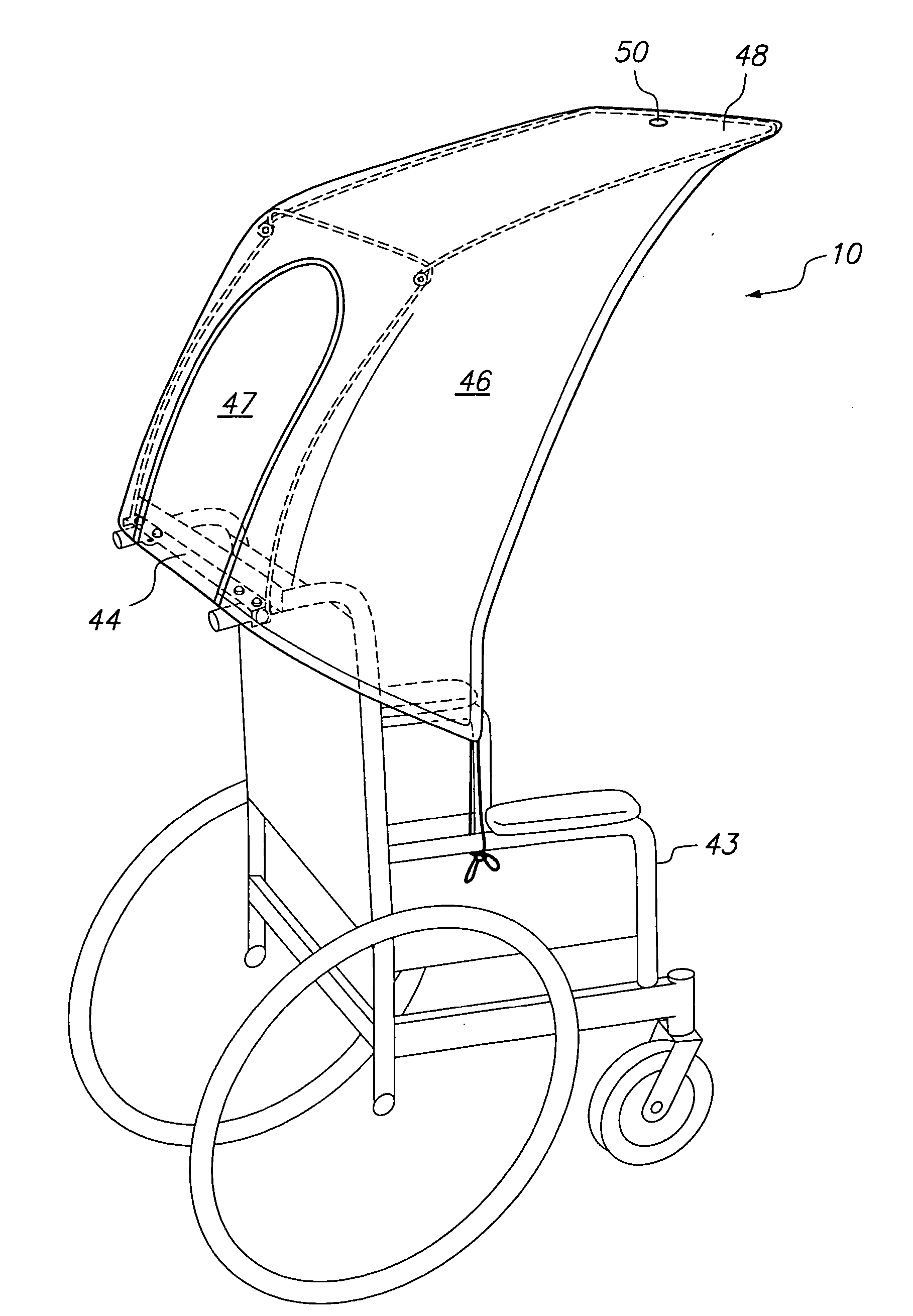 Foldable cover for the overhead protection of an occupant of a wheelchair or other wheeled vehicle