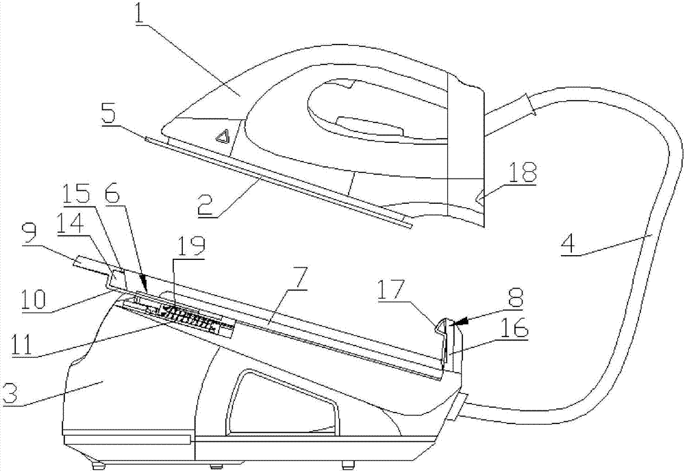 Desk-type electric iron with lock catch fixing device
