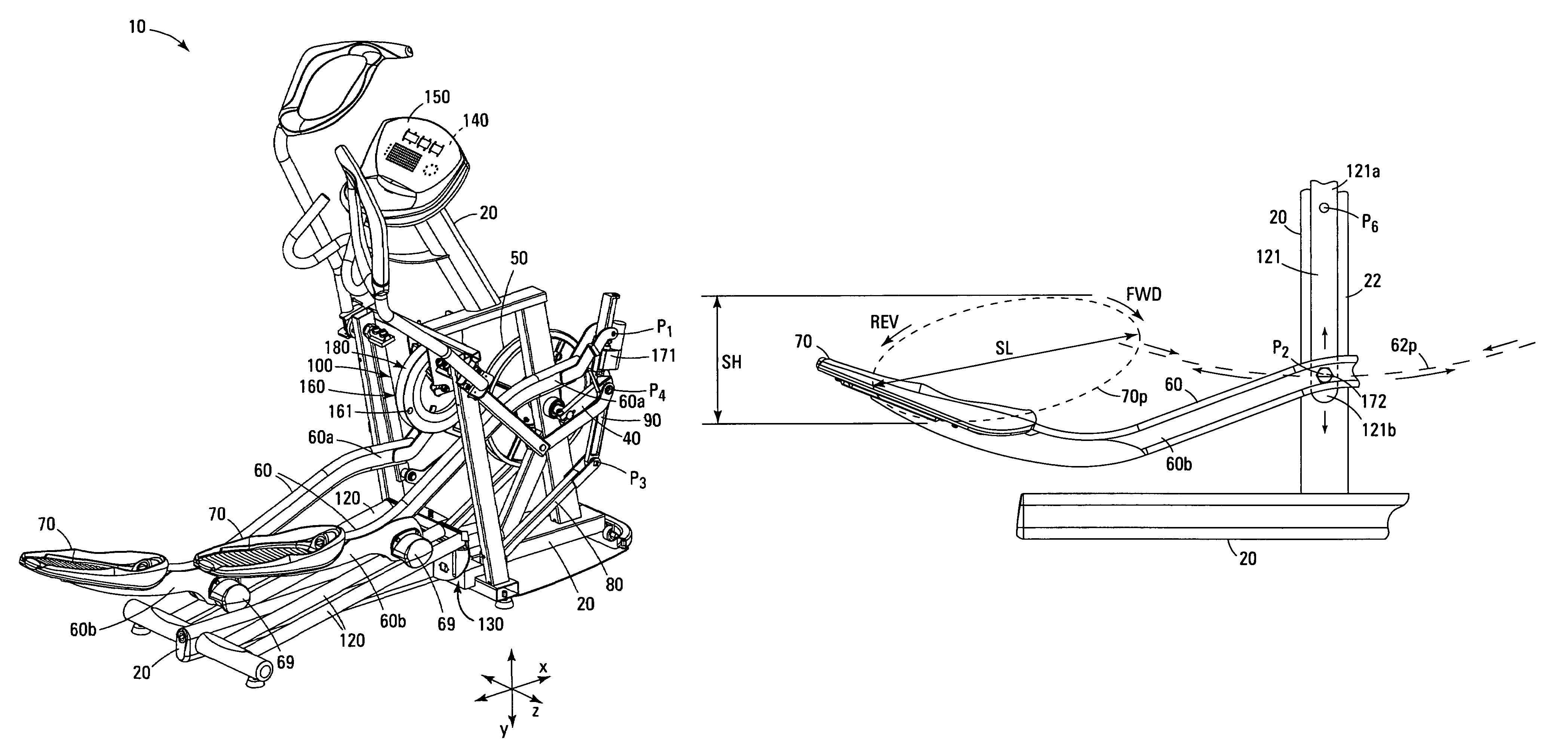 Exercise equipment with automatic adjustment of stride length and/or stride height based upon speed of foot support