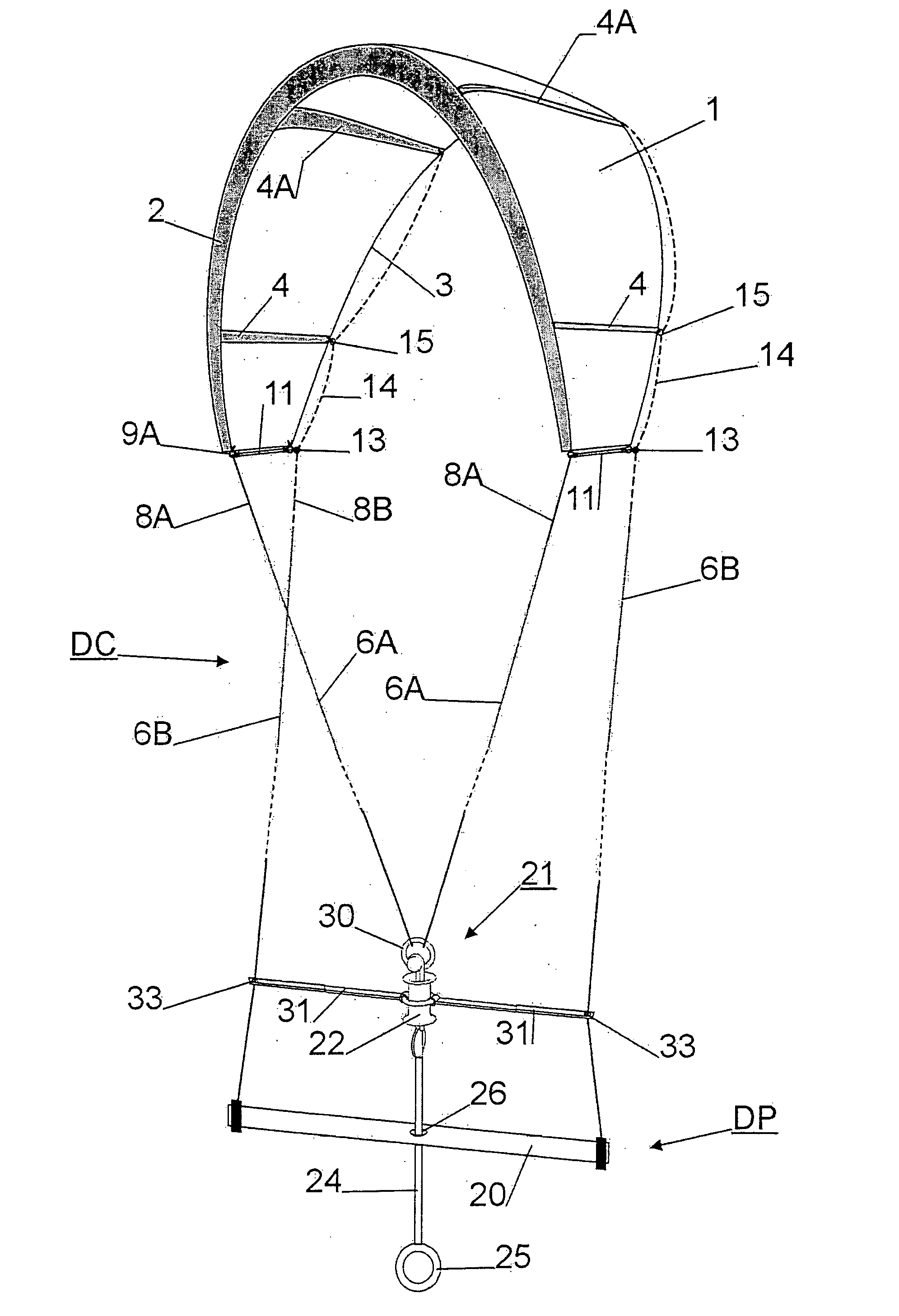 Control and fixing device for the sail of a kite