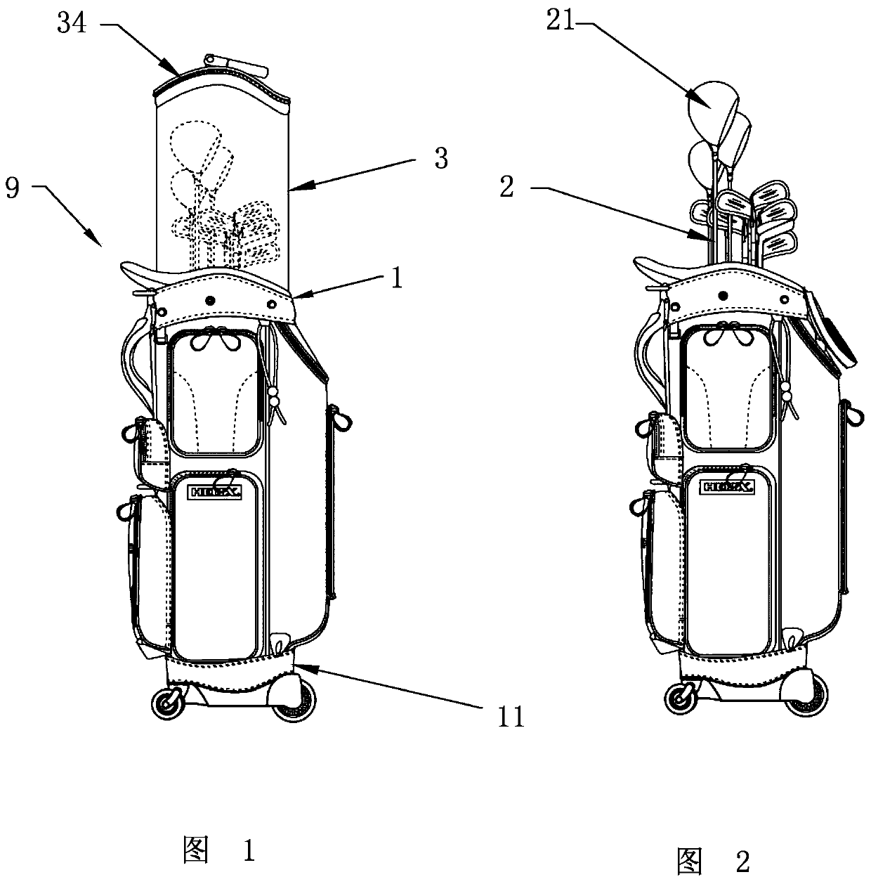 Golf bag with self-lifting club guard