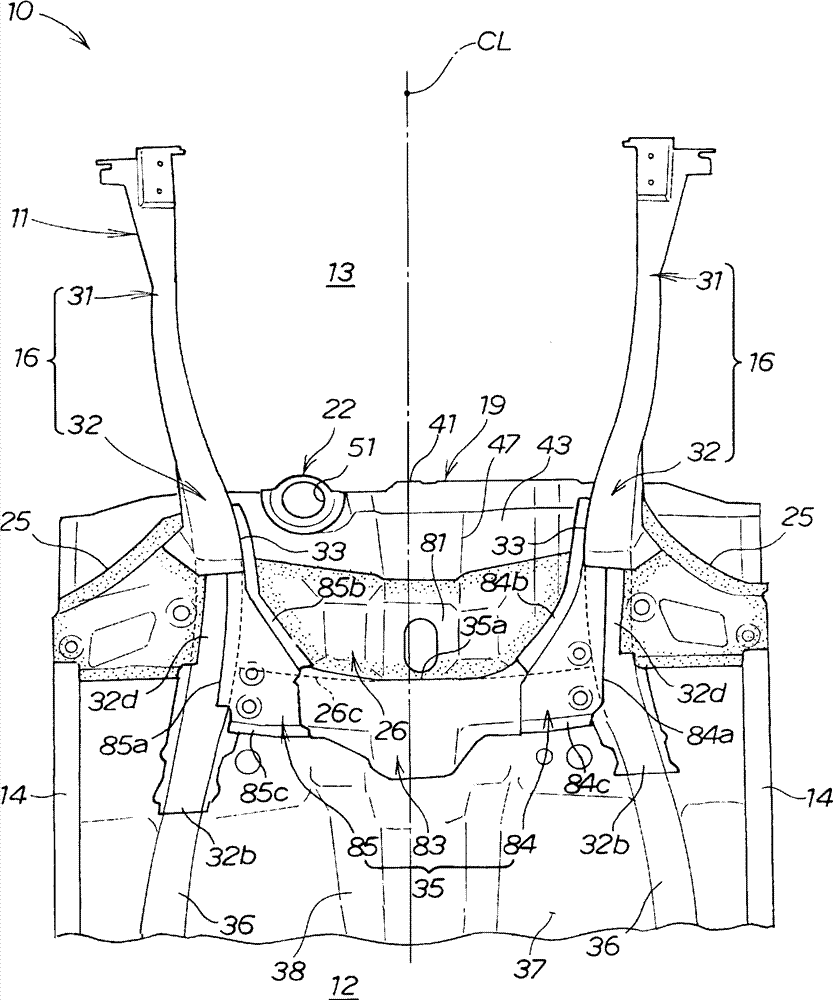 Structure for front section of vehicle body