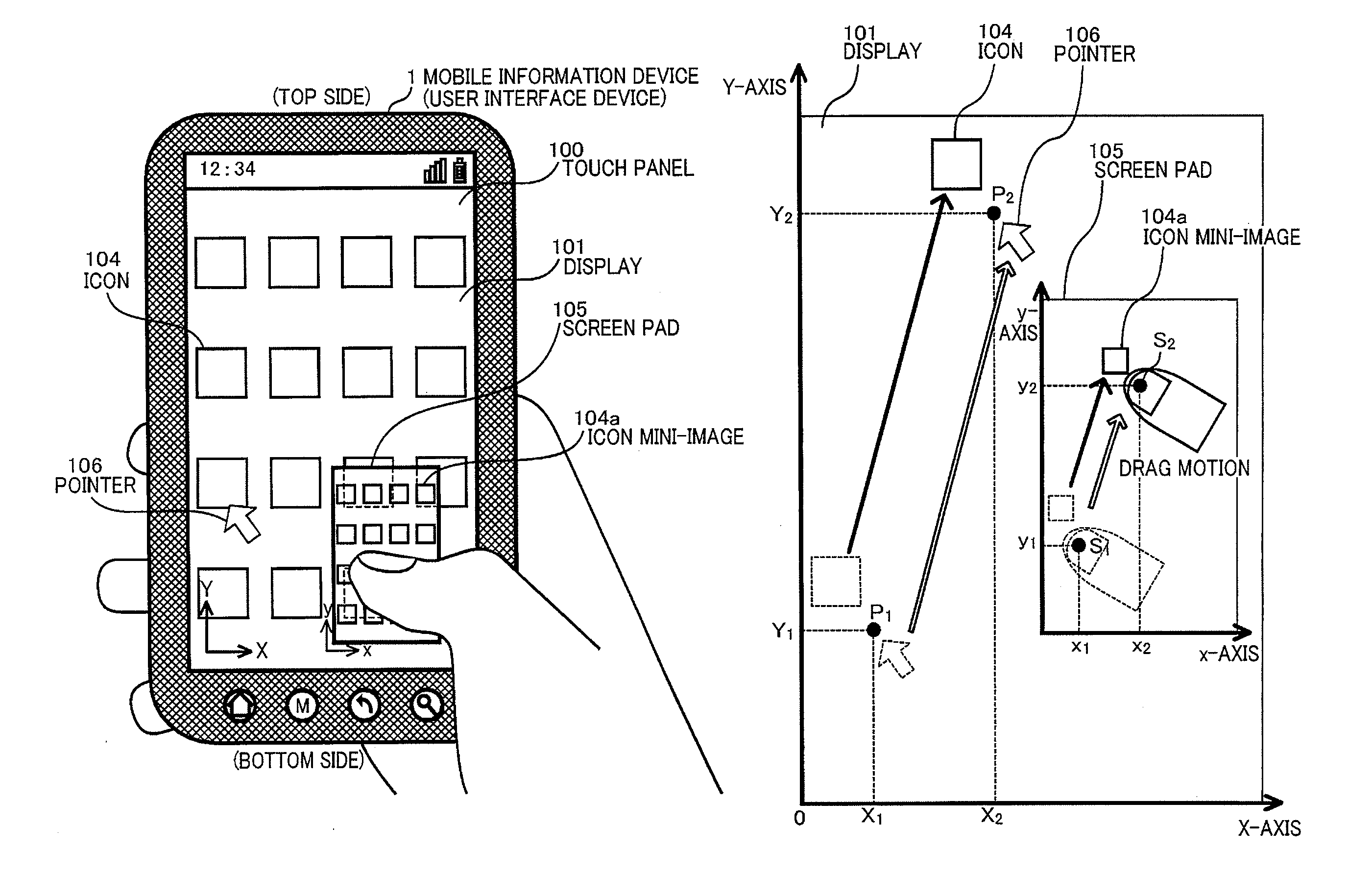 User interface device with touch pad enabling original image to be displayed in reduction within touch-input screen, and input-action processing method and program