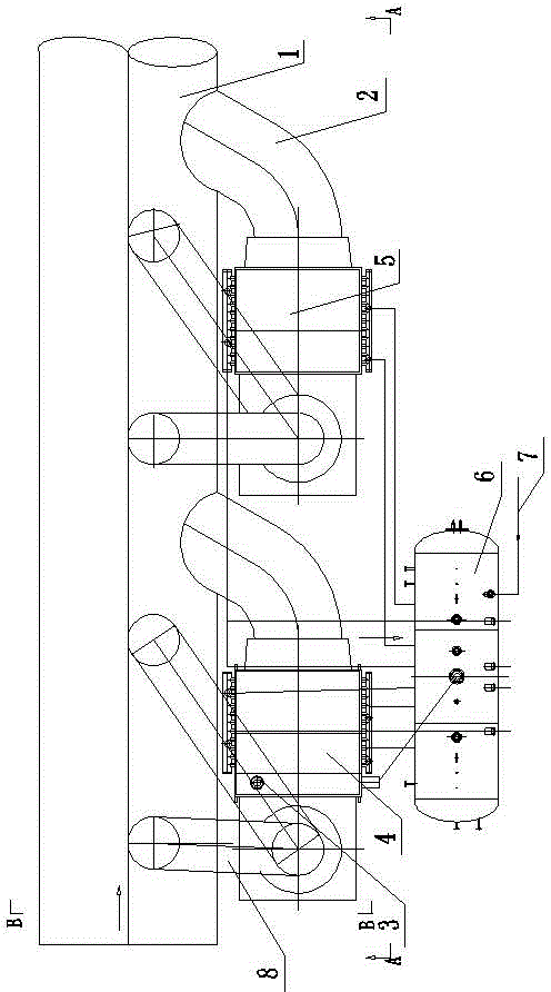 Heat tube type waste heat boiler system externally arranged beside large flue of sintering machine