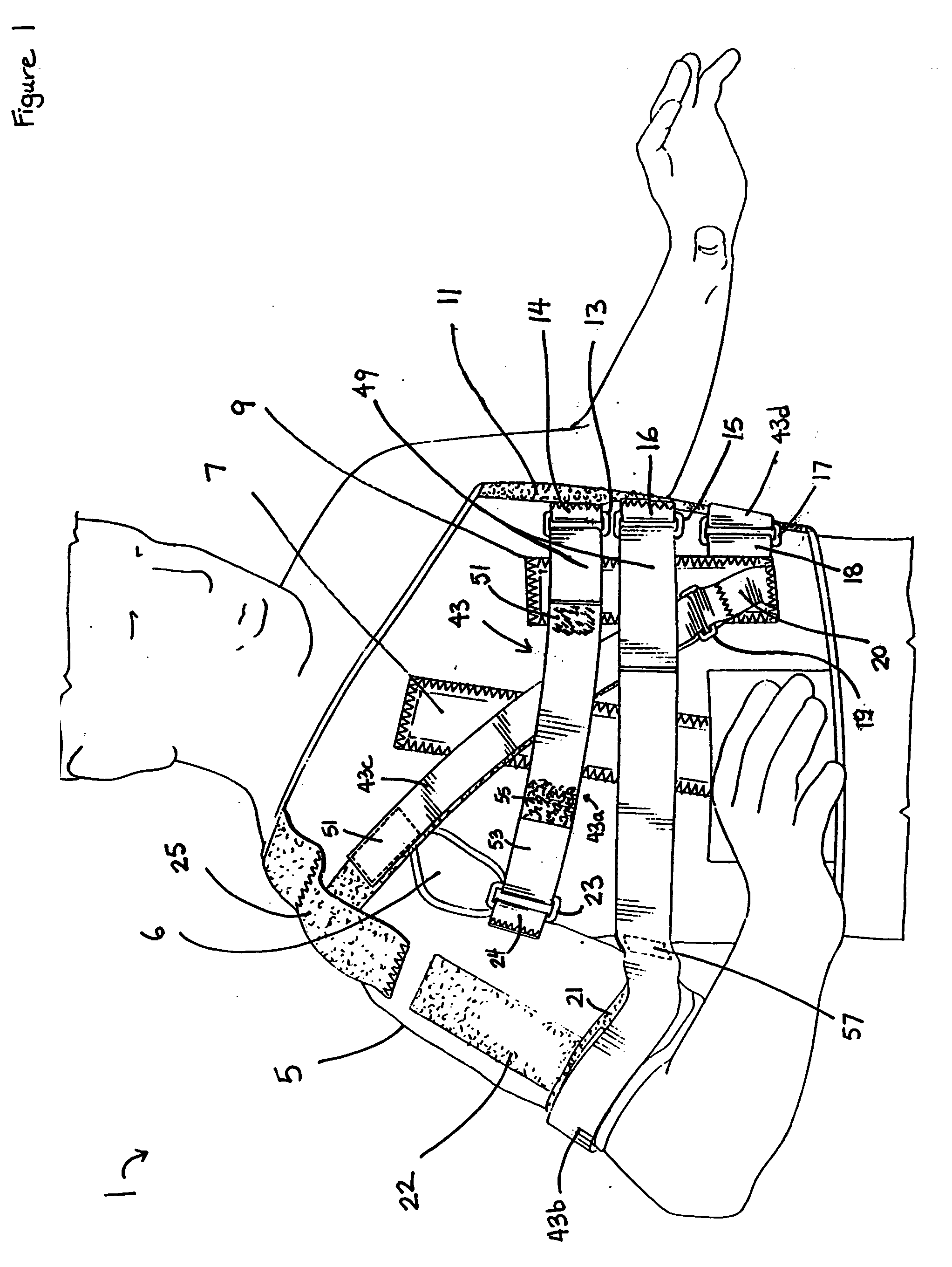 Shoulder brace with body to arm attachment straps