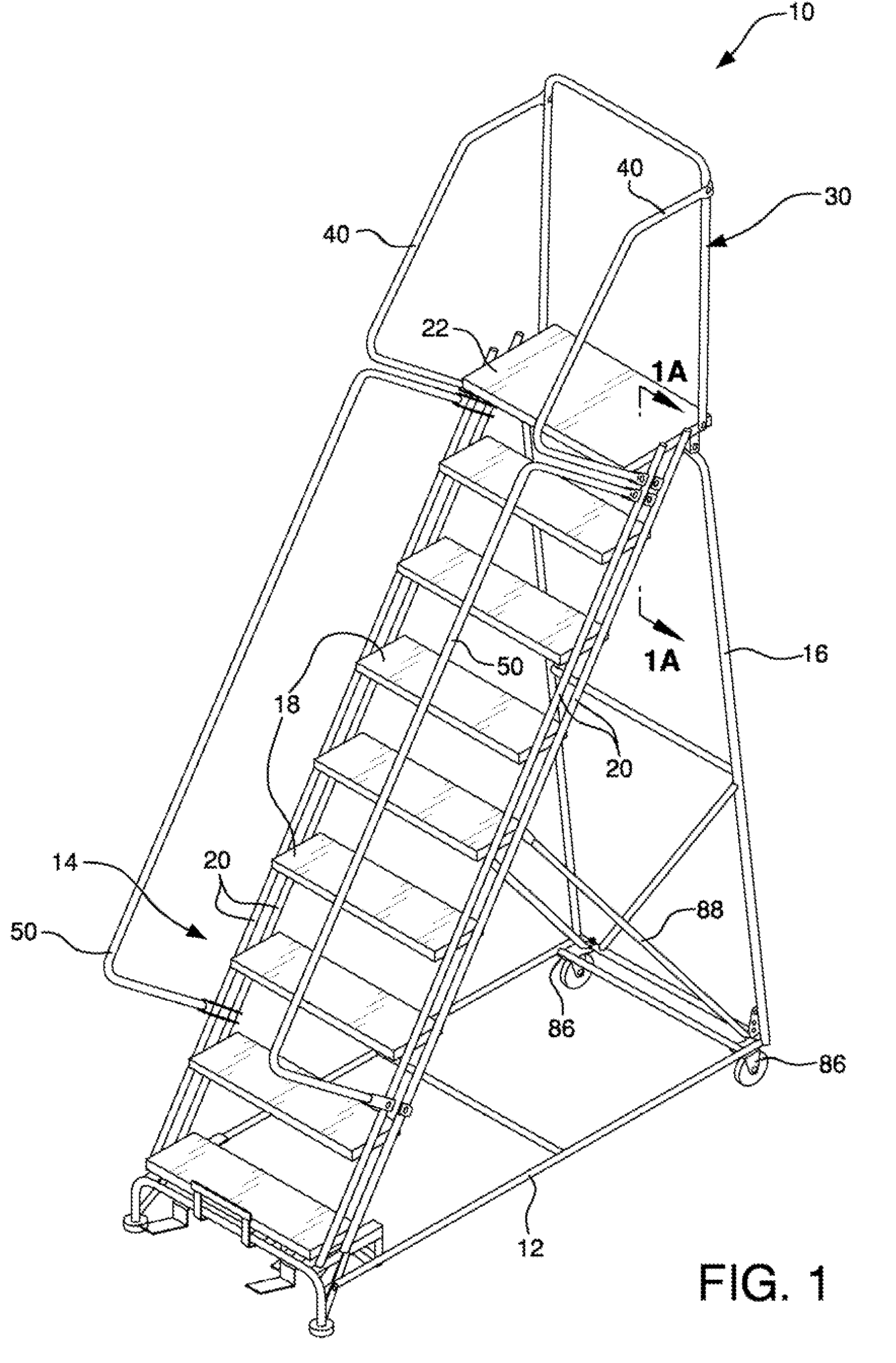 Ladder with removable step and method of storing the ladder in a compact container