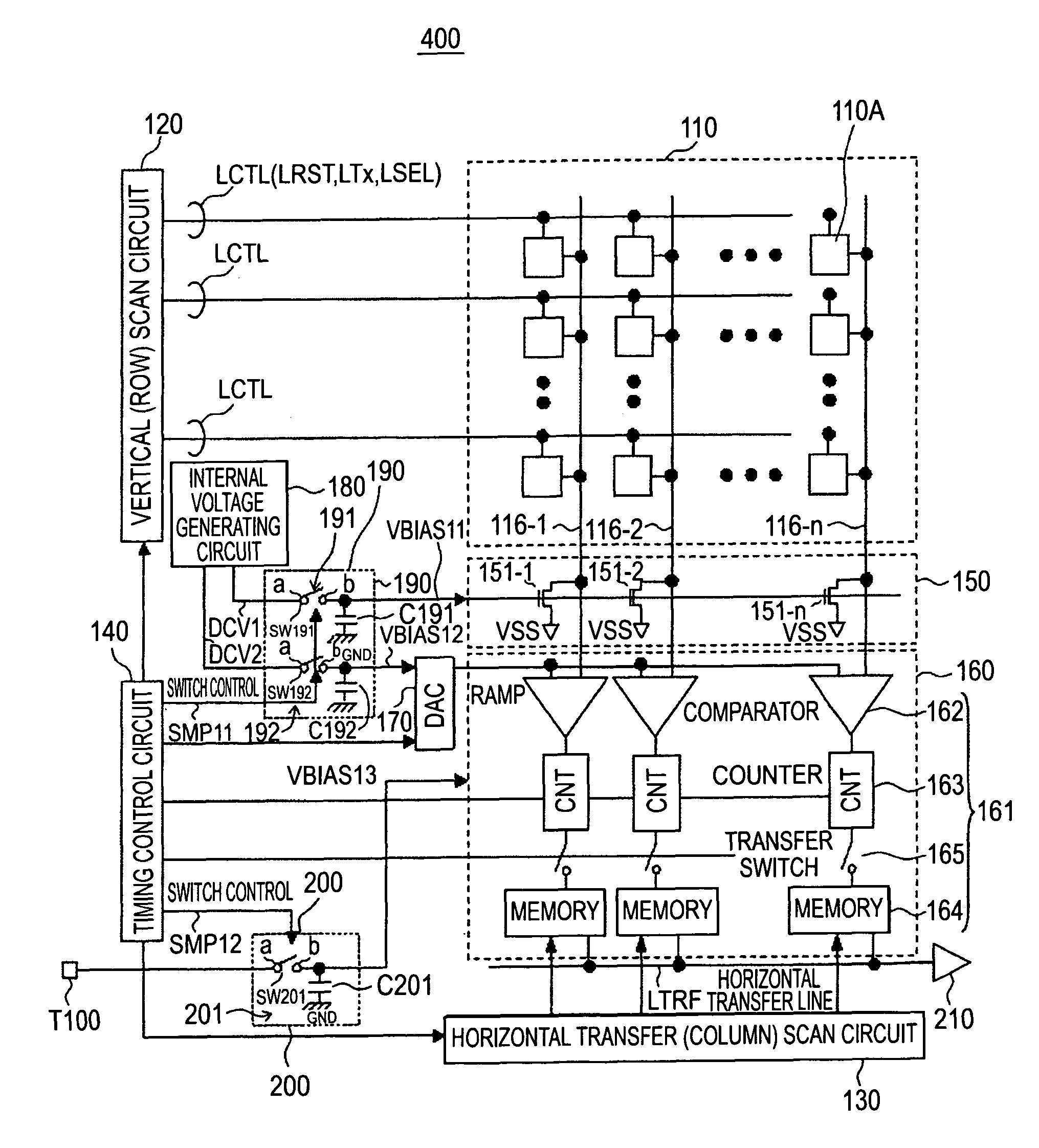 Solid-state imaging device, method of driving the device, and camera system with varied timing of sampling period for sampling a bias voltage during pixel readout