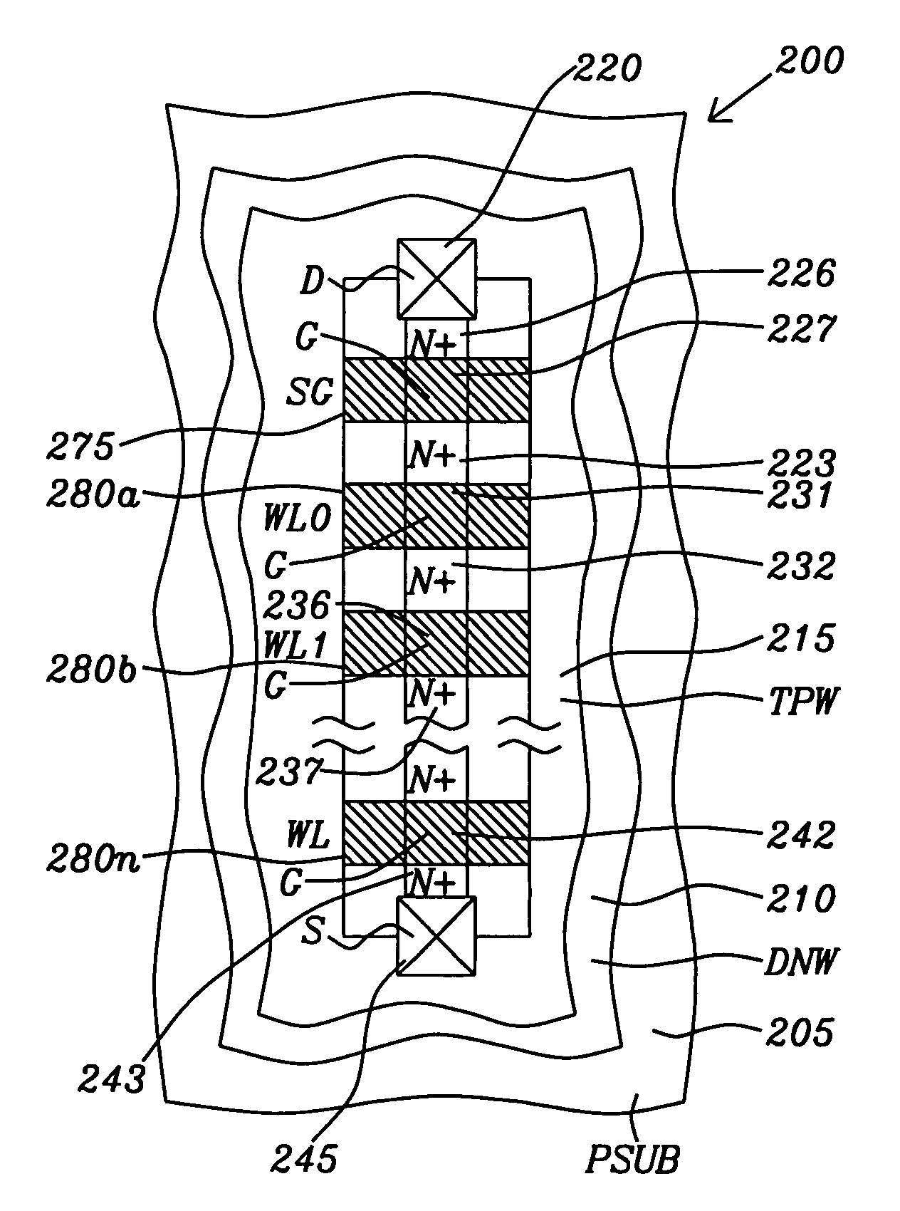 NAND string based NAND/NOR flash memory cell, array, and memory device having parallel bit lines and source lines, having a programmable select gating transistor, and circuits and methods for operating same