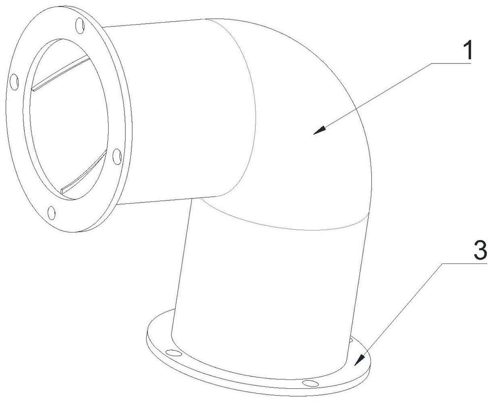 An elbow with internal spiral fins near the wall