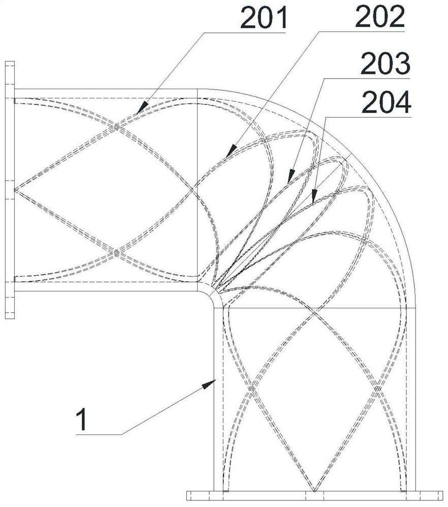 An elbow with internal spiral fins near the wall