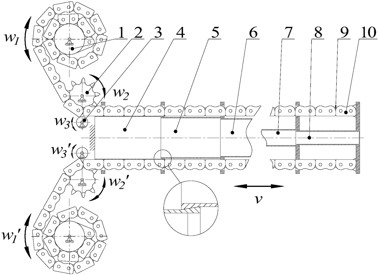 One-way chain transmission multi-stage sleeve type folding and unfolding mechanism