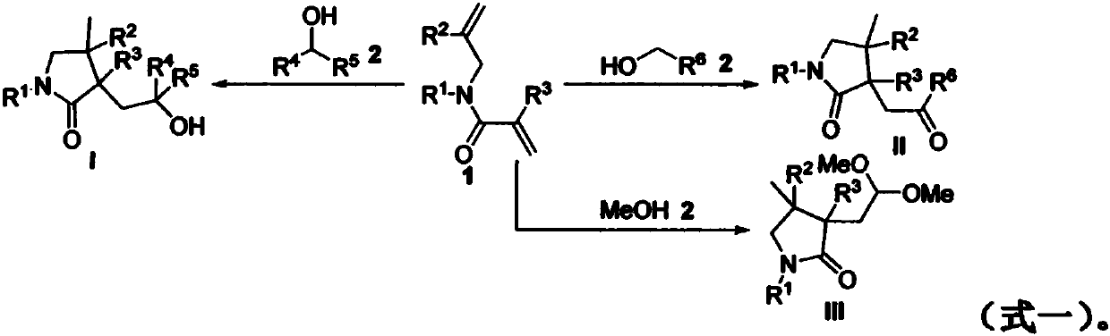 Free radical reaction method of 1, 6-diene and alcohol in additive-free system