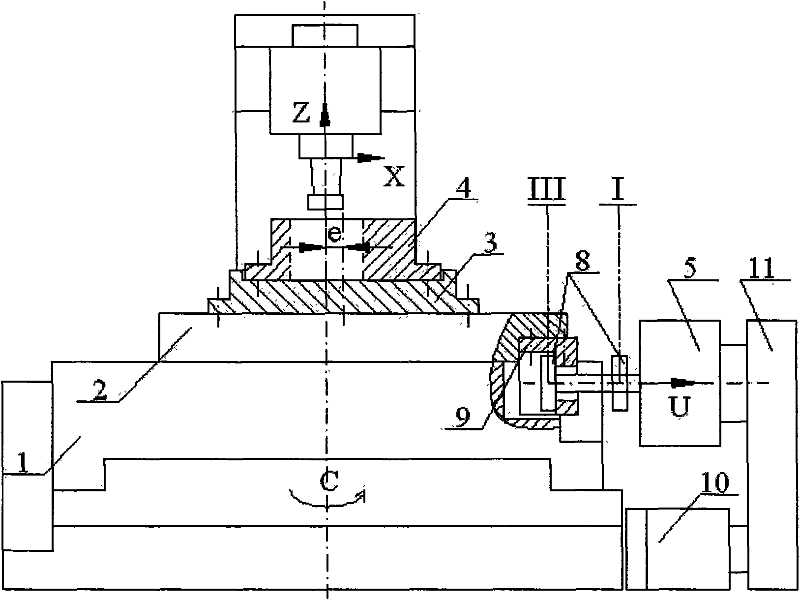 Eccentricity adjusting method and device for vertical numerically controlled grinder to process eccentric orifice