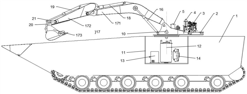 Universal hanging basket type excavating and protecting assembly for amphibious special vehicle
