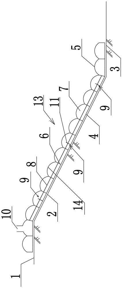 Concrete slope protection formwork bag embedded with ribs