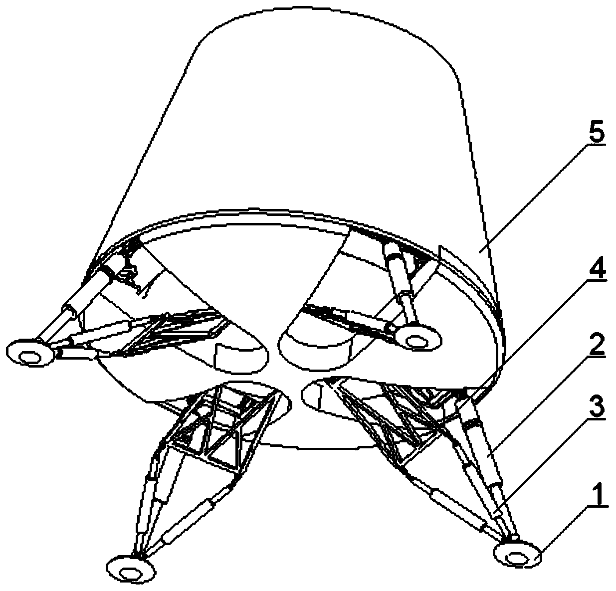 A reusable landing buffer support for an inverted triangle spacecraft