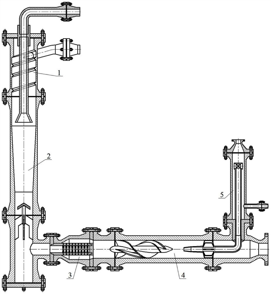 Compact l-shaped column-cone combined tubular three-stage axial flow degasser