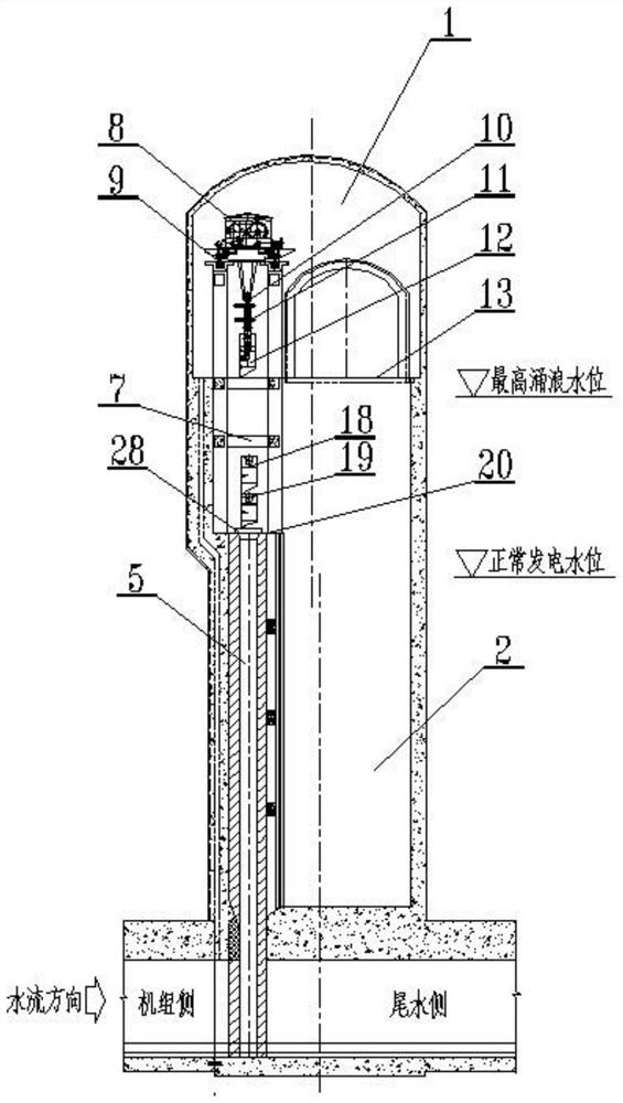 Arrangement and installation method and structure of tail water surge shaft gate and opening and closing equipment