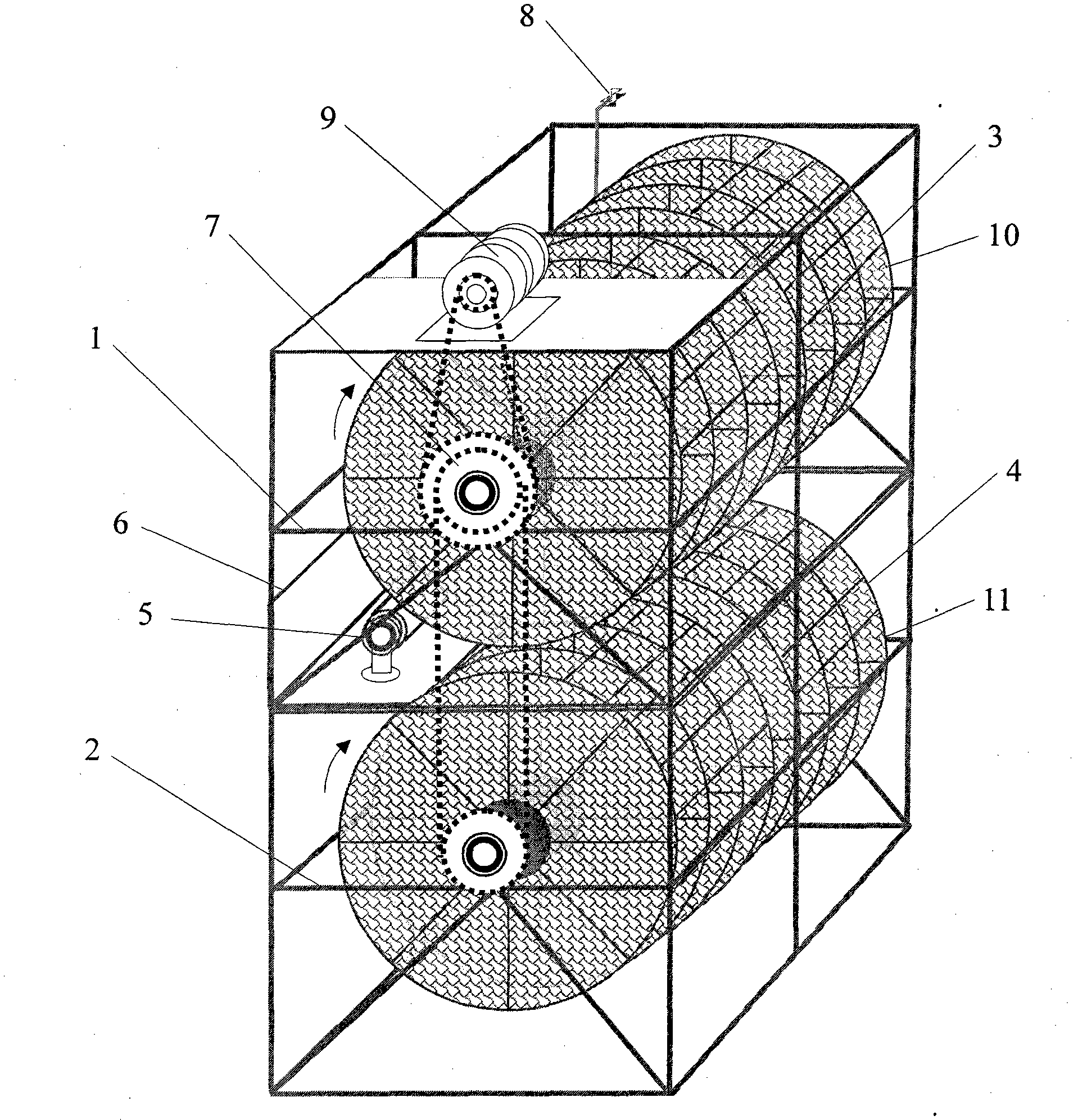 Composite biological rotary net device and synchronous nitrification and denitrification method thereof