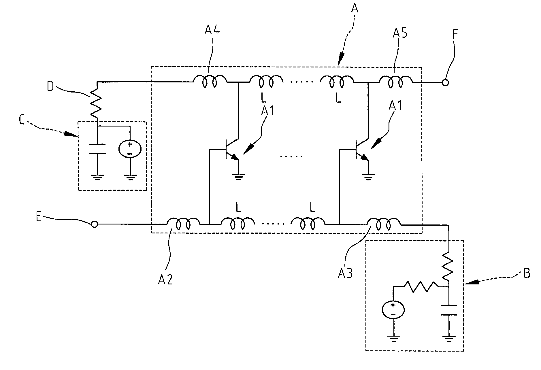 Distributed amplifier having a variable terminal resistance