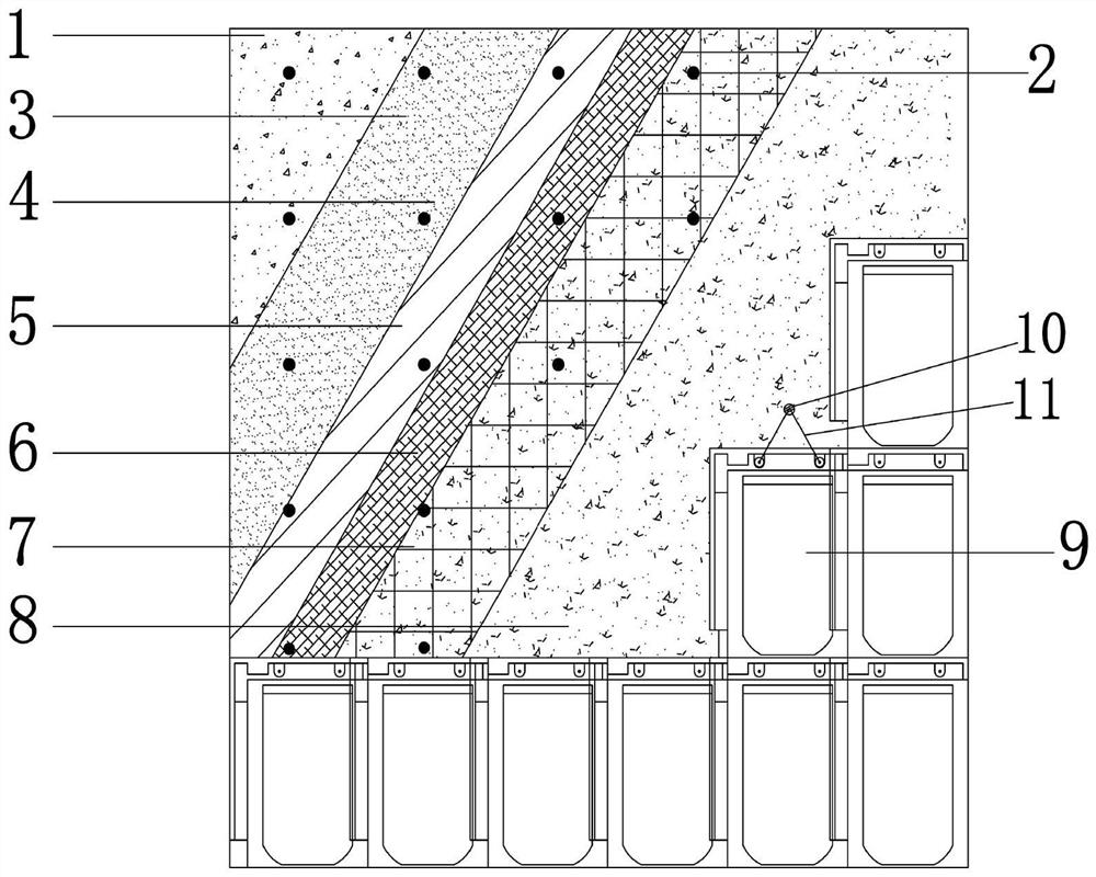 Large dip angle sloping roof encaustic tile paving structure and construction method