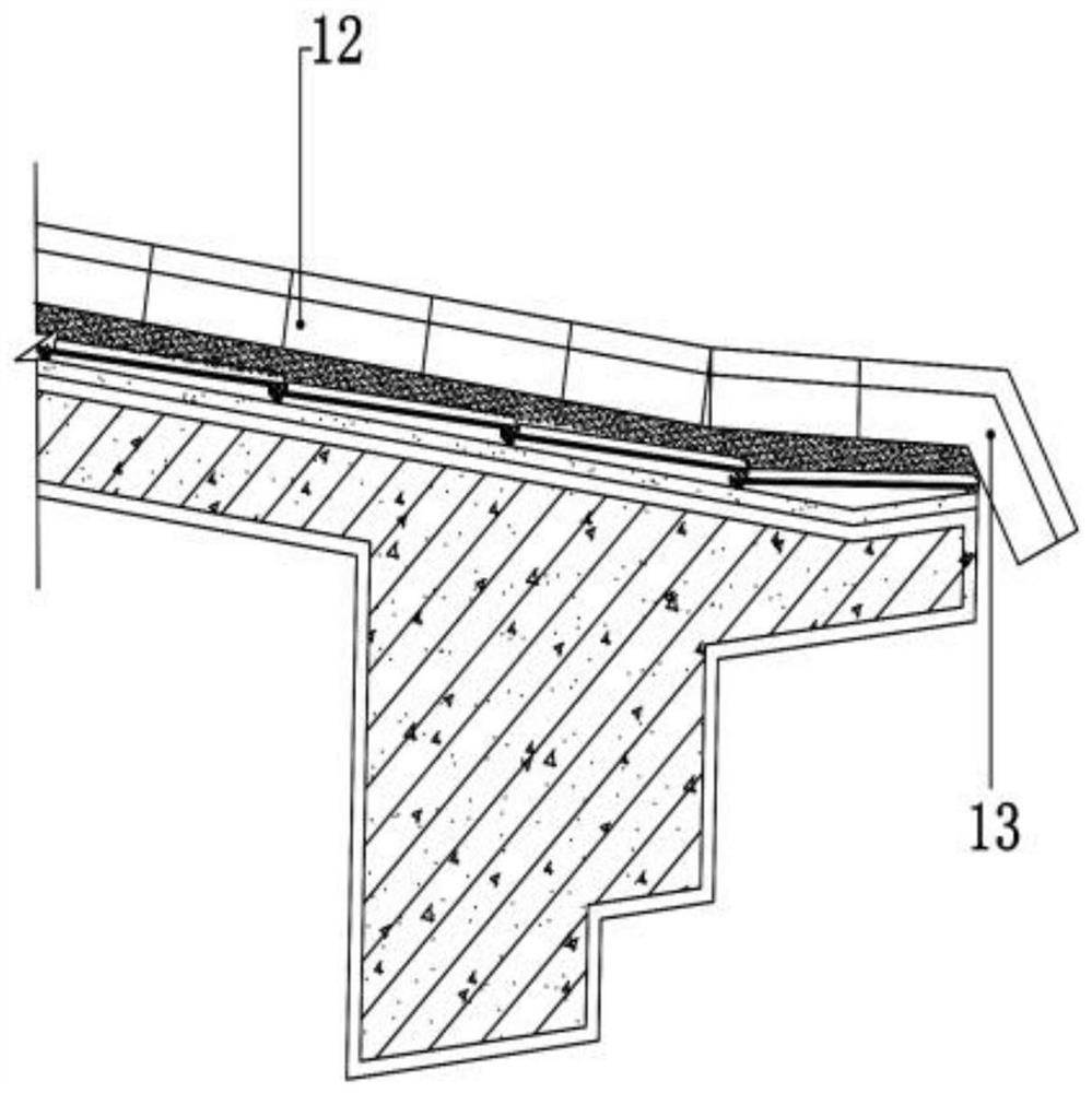 Large dip angle sloping roof encaustic tile paving structure and construction method