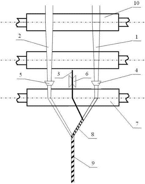 Three-axis-system composite spinning device and spinning method for tow-apt-to-fall staple