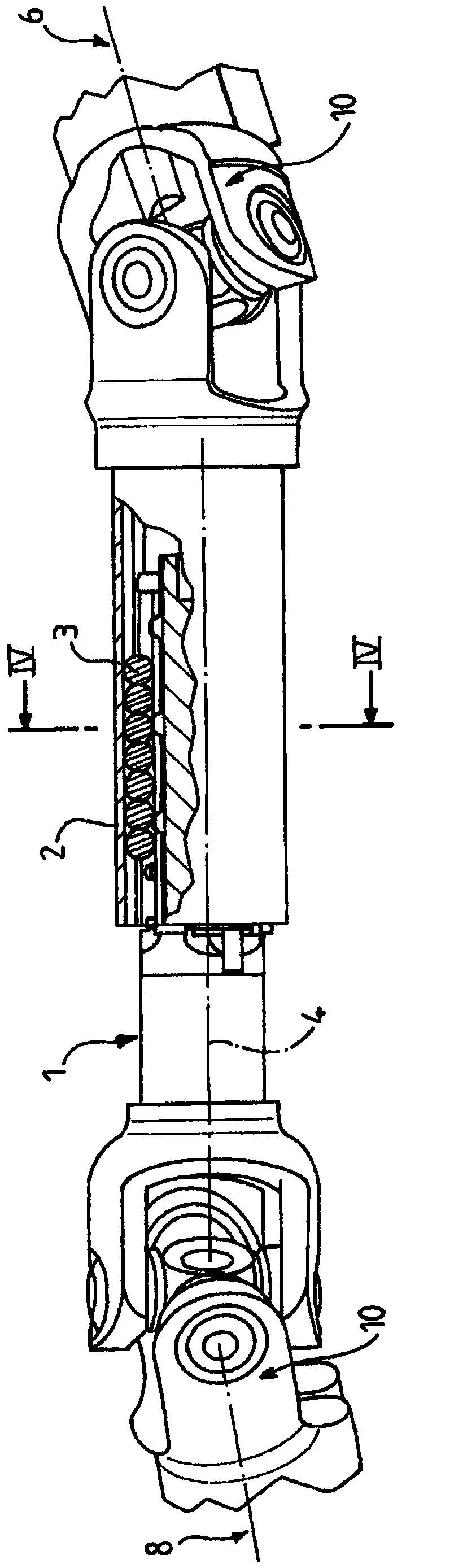 Spherical hinged connection device for two sliding shafts