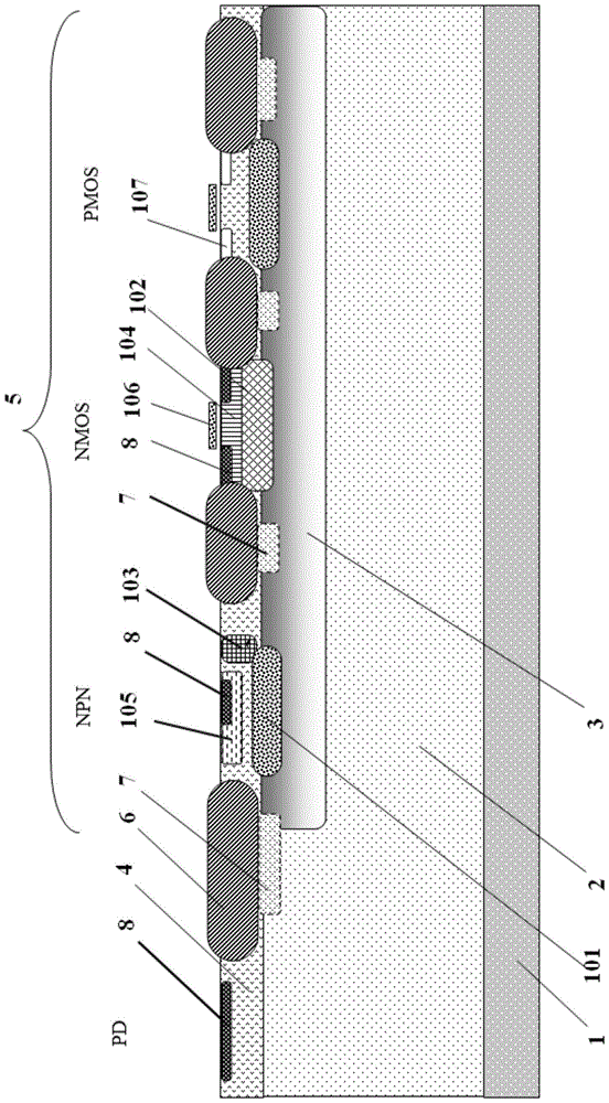 Substrate structure and method for forming monolithic photodetection and electrical signal processing integrated device