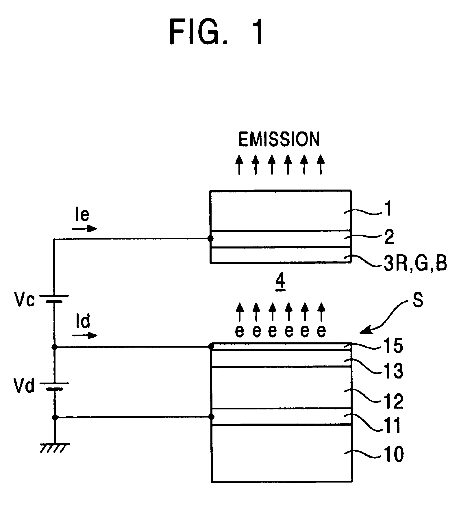 Display device of flat panel structure with emission devices of matrix array