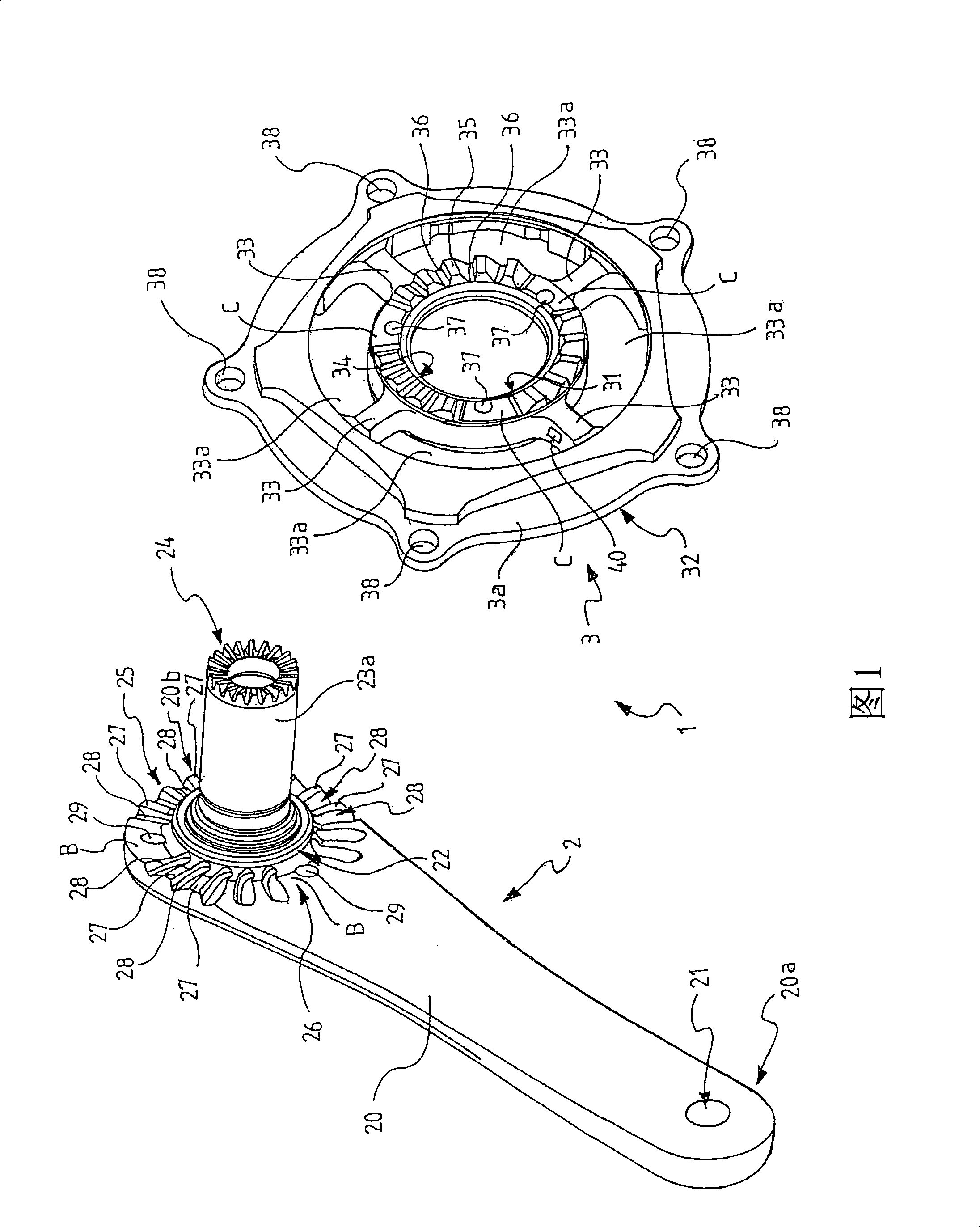 Crank arm assembly and related crank arm and element for transmitting torque from the crank arm to a bicycle chain