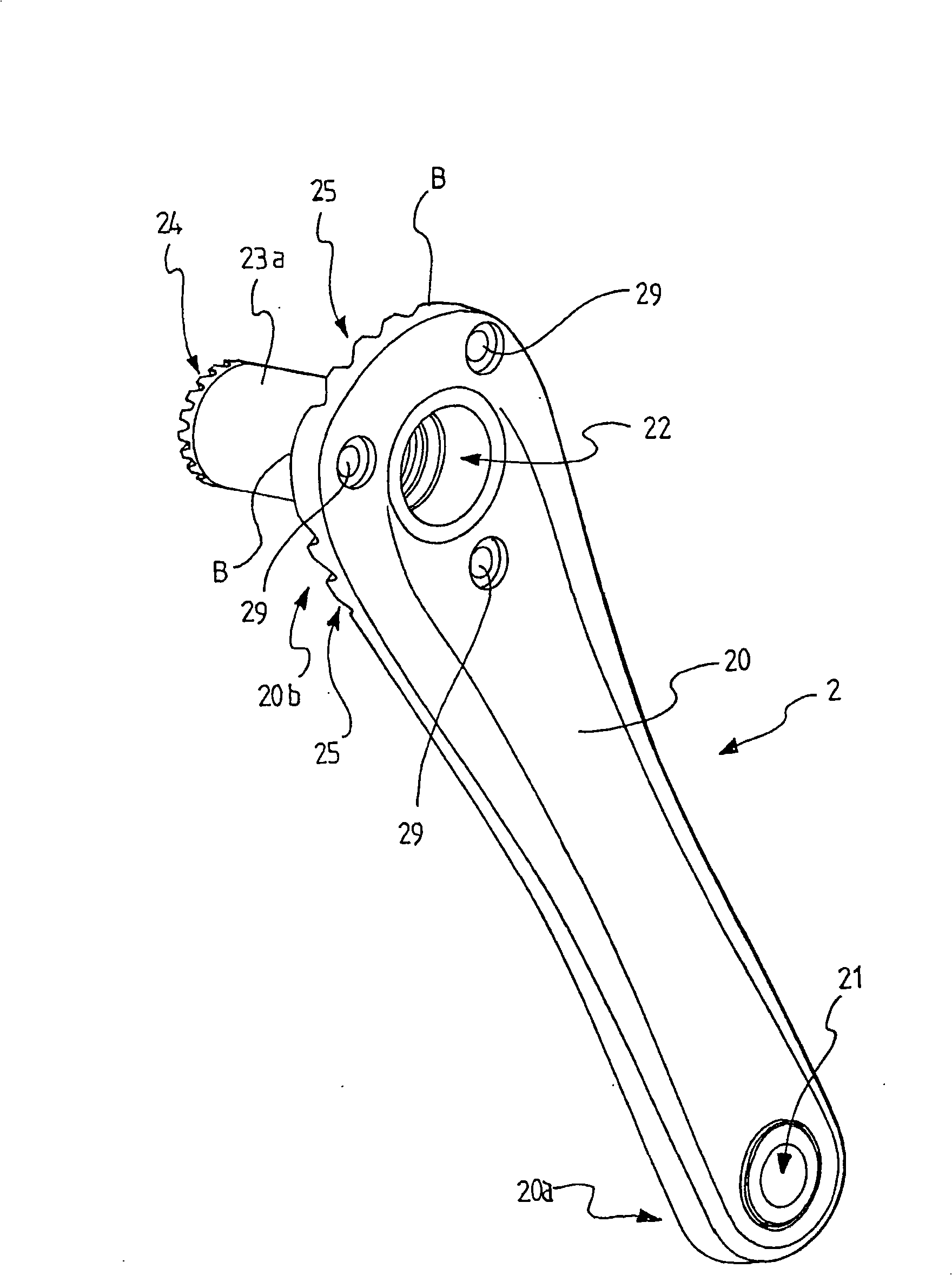 Crank arm assembly and related crank arm and element for transmitting torque from the crank arm to a bicycle chain