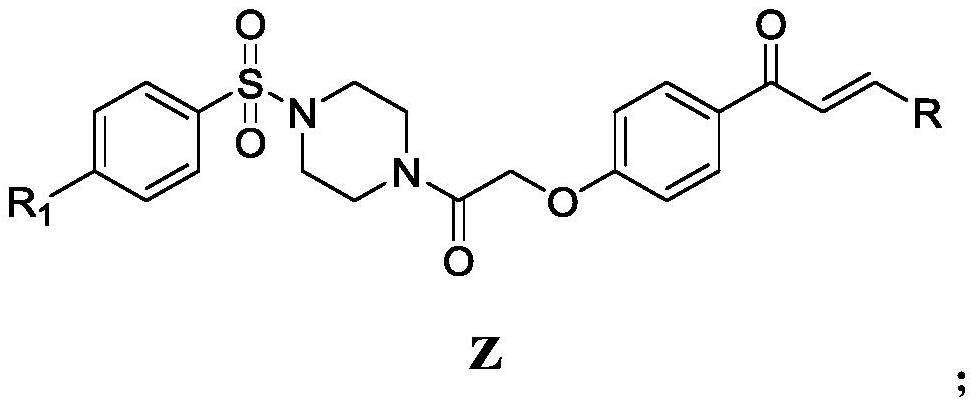 Chalcone derivative containing sulfonyl piperazine as well as preparation method and application thereof