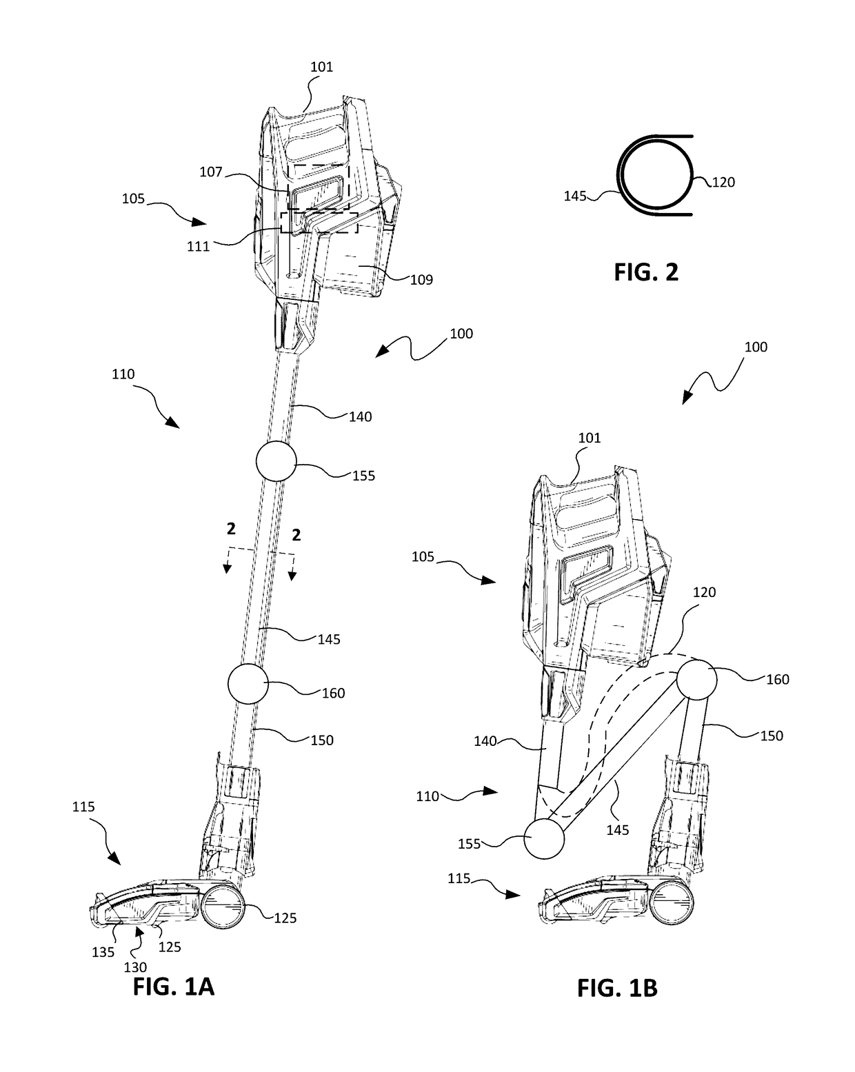 Vacuum cleaning device with foldable wand to provide storage configuration