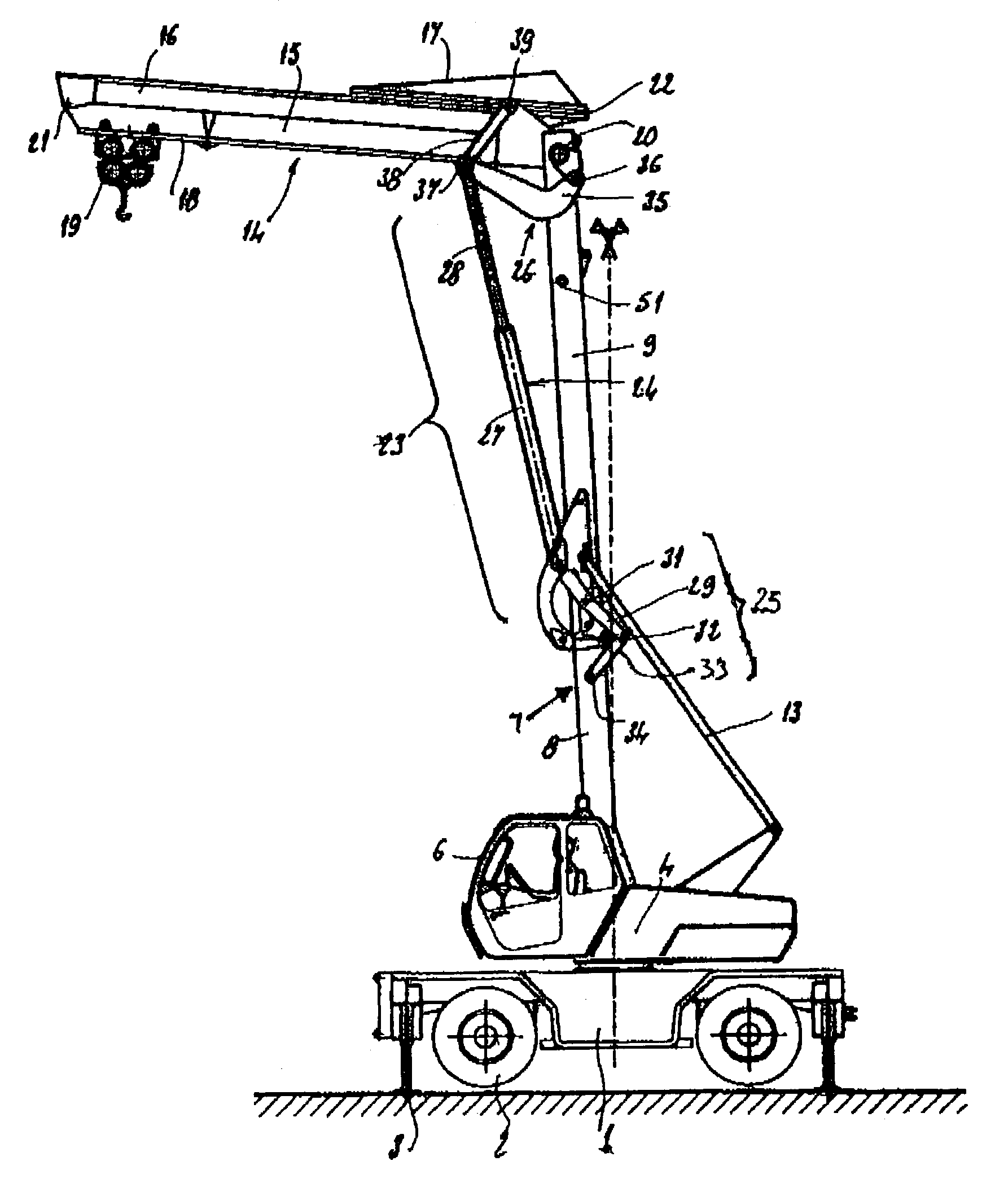 Device for raising and unfolding the mast and for raising the jib of a crane