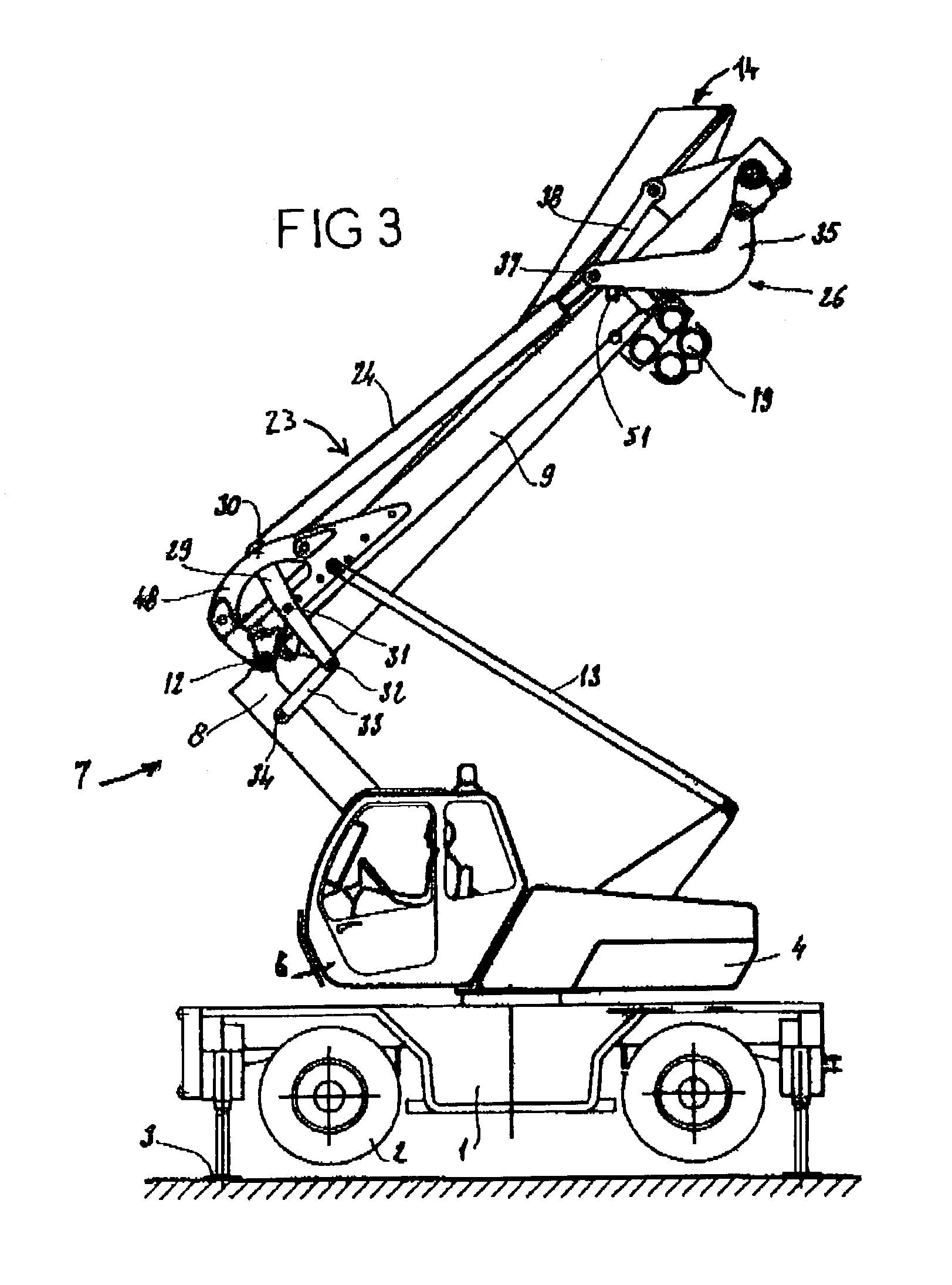 Device for raising and unfolding the mast and for raising the jib of a crane