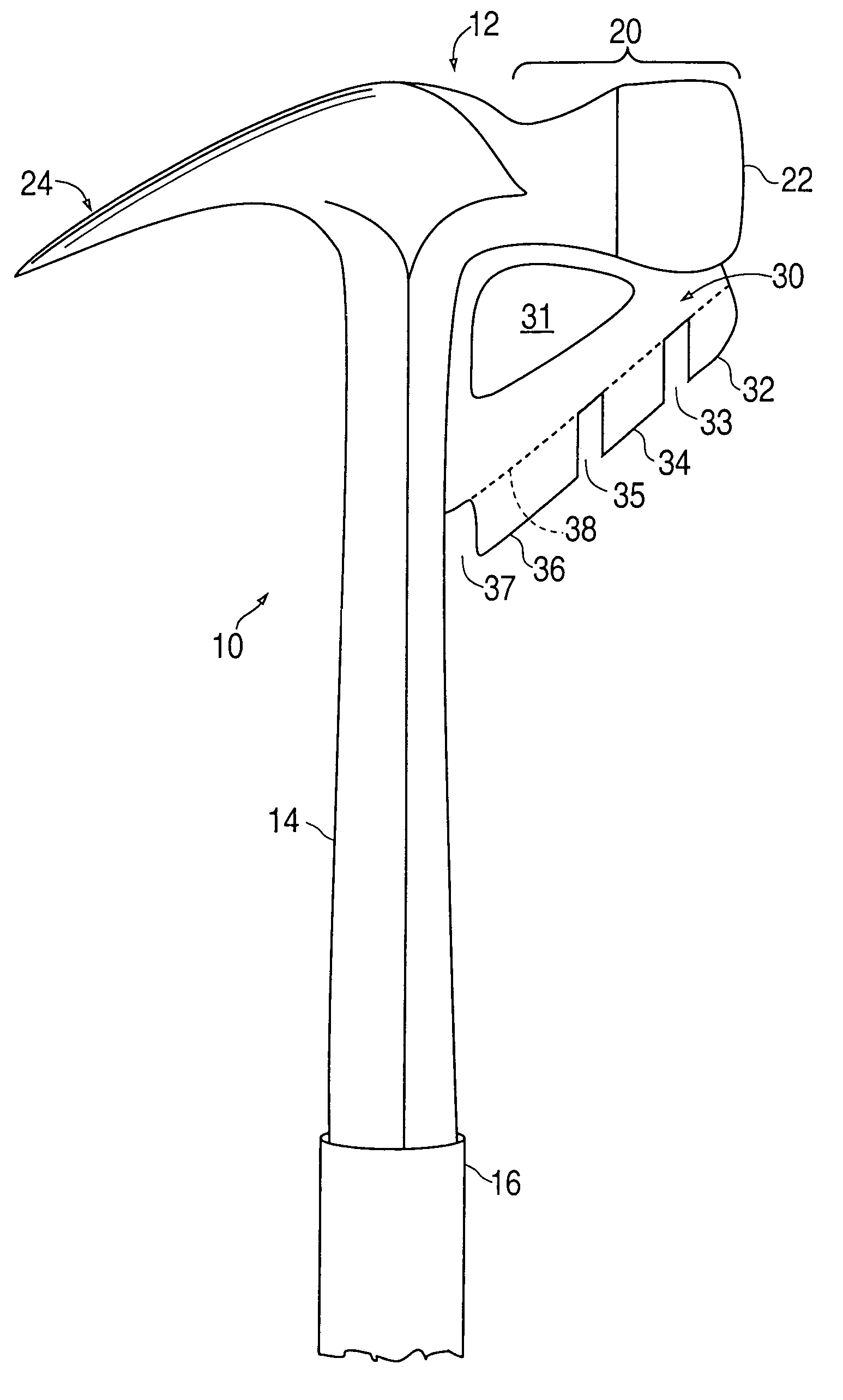 Hammer and hammer head having a frontal extractor