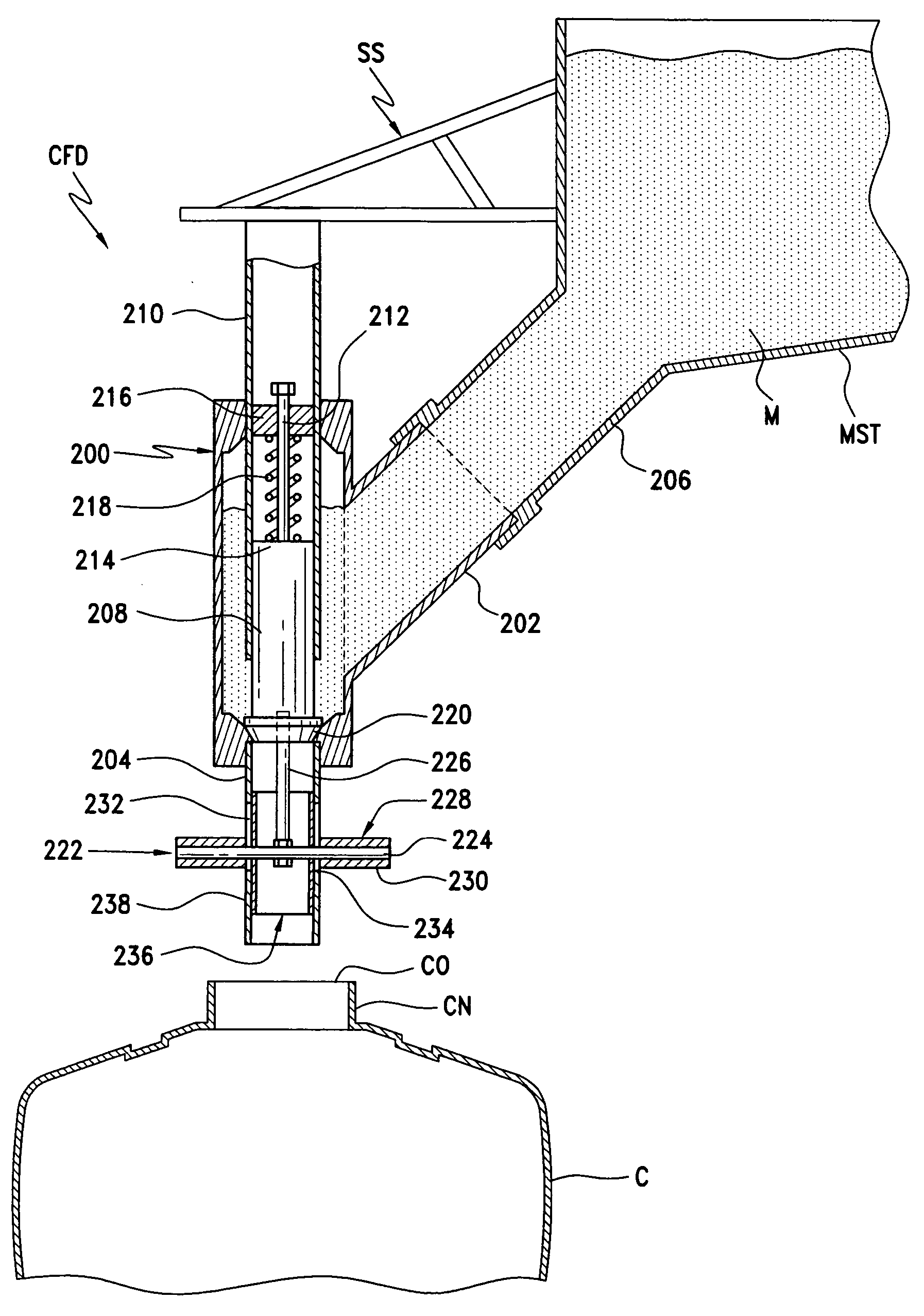 Method and device for filling a container with a fertilizer, pesticide, fungicide, herbicide, insecticide, chemical, or the like material for dispensing above or below a soil surface