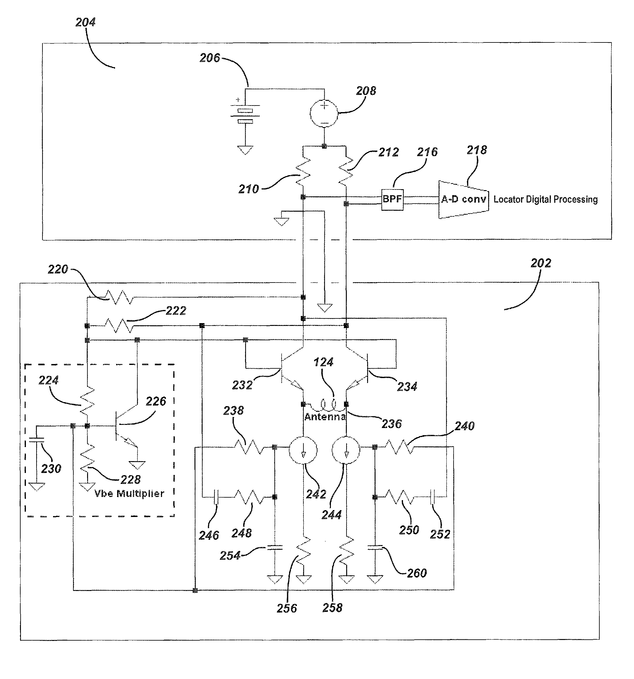 Pre-amplifier and mixer circuitry for a locator antenna