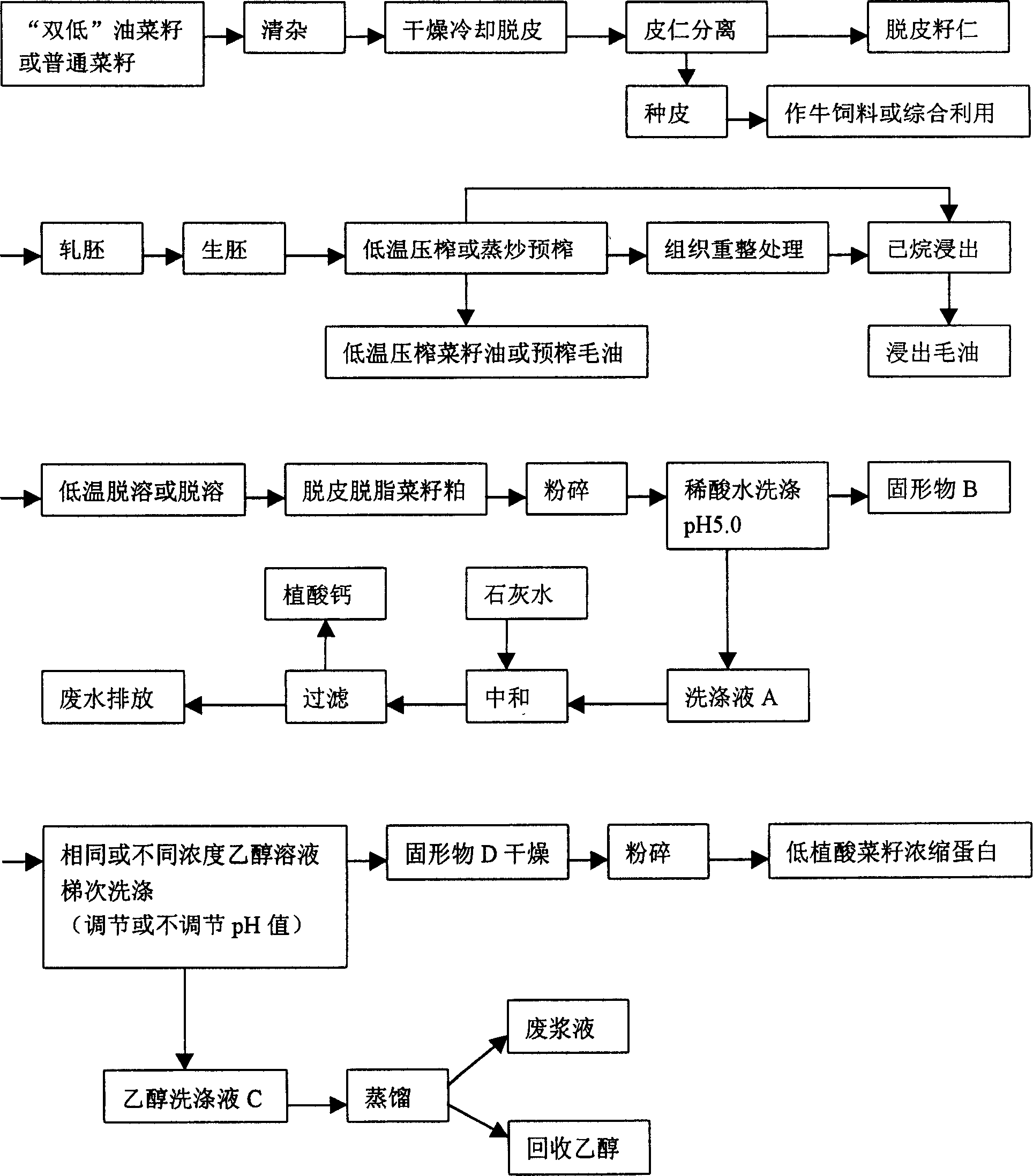 Process for preparing low phytic acid rapeseed protein concentrate by using water and ethanol
