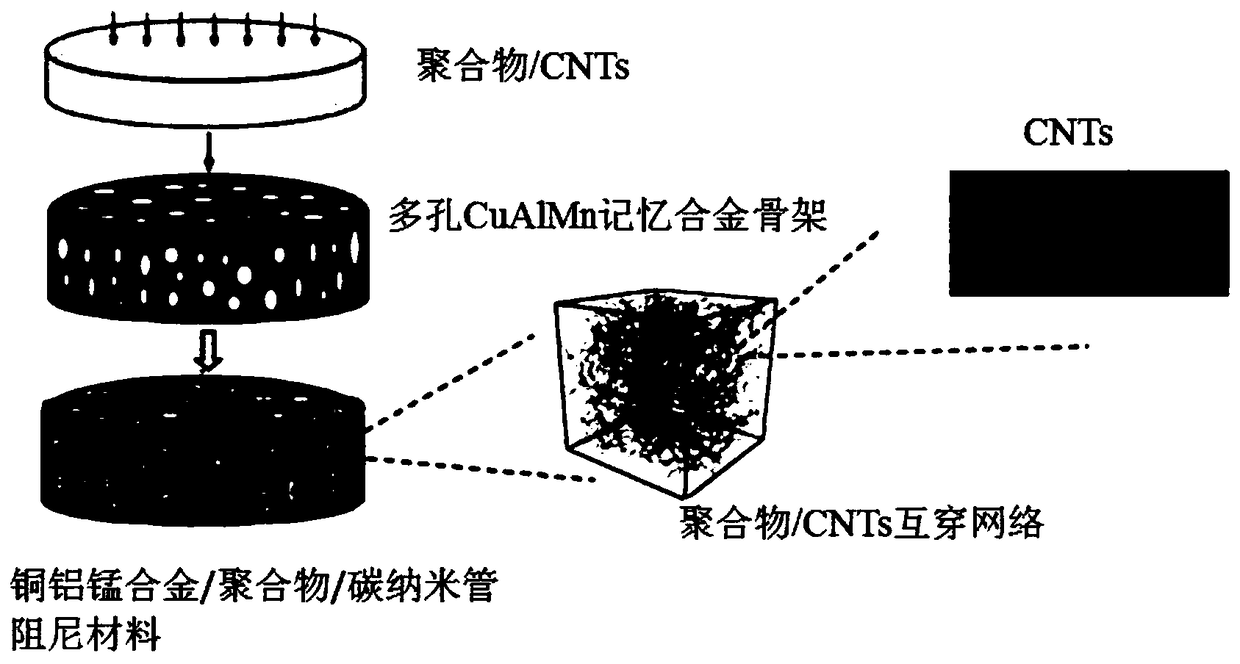 Copper-aluminum-manganese alloy/ polymer/ carbon nanotube damping material and preparation method
