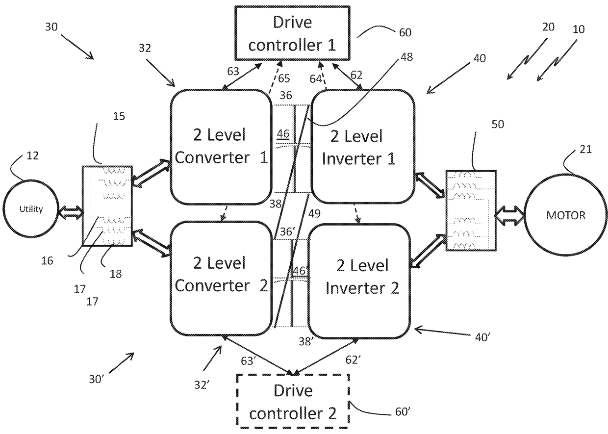 Parallel interleaved 2-level or 3-level regenerative drives